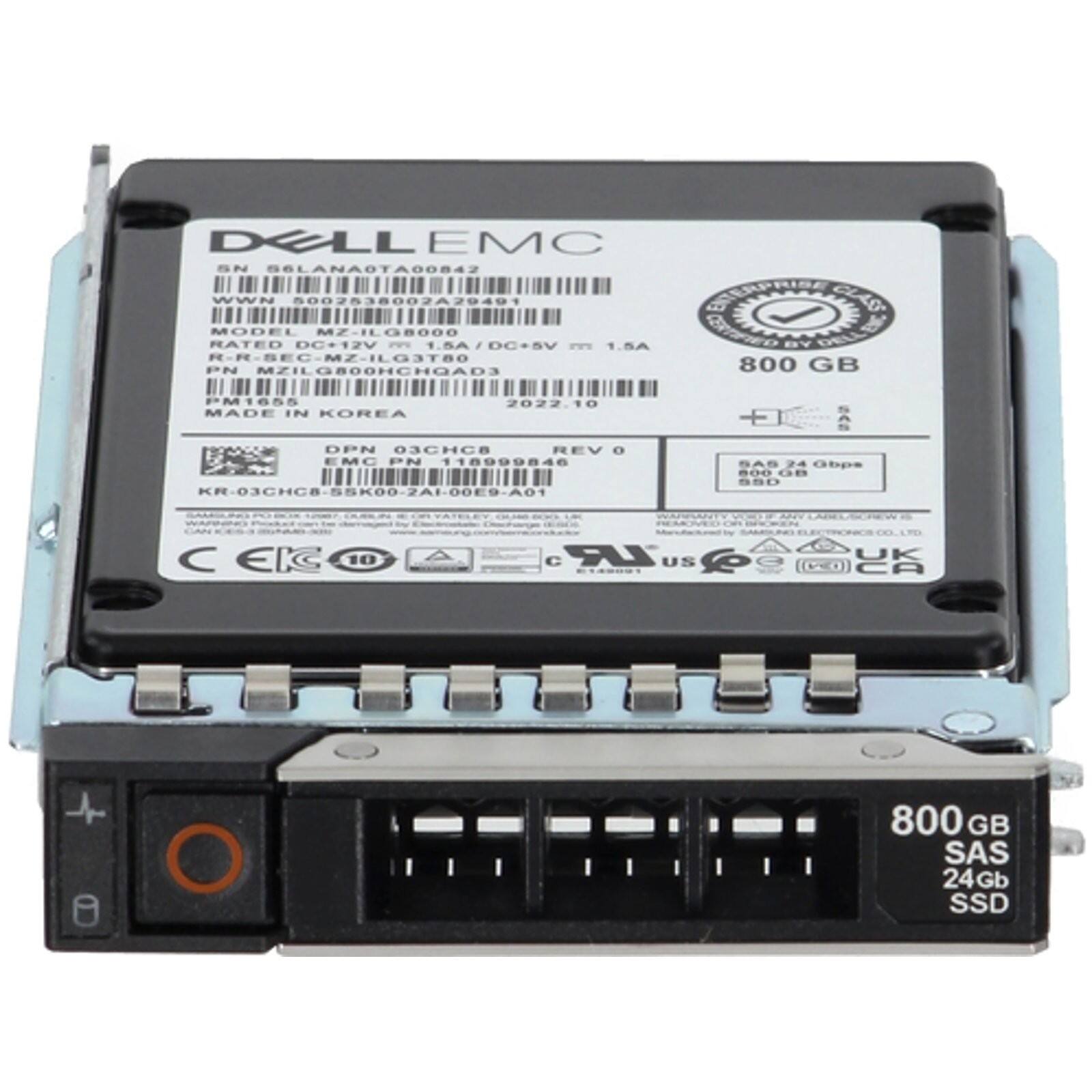 DLL EMC  
SN: S6LANA0TA00842  
WWN: 002838002A  
BSANRA ENT ELAC  
MODEL: MZ-ILG8000  
RATED: DC+12V AB.T DC+5V  
1.54 BY R-BEG-MZ-ILG3T80  
PN: MZILG8000HCHGAD  
800 GB  
PM1655  
2022.10  
MADE IN KOREA  
DPN: 3 REV 0  
EMC PN: 118999846  
KR-03CHG8-55K00-2AI-00E9-A01  
Aa SAS 24 Gbps  
800 GB SAS 24Gb SSD