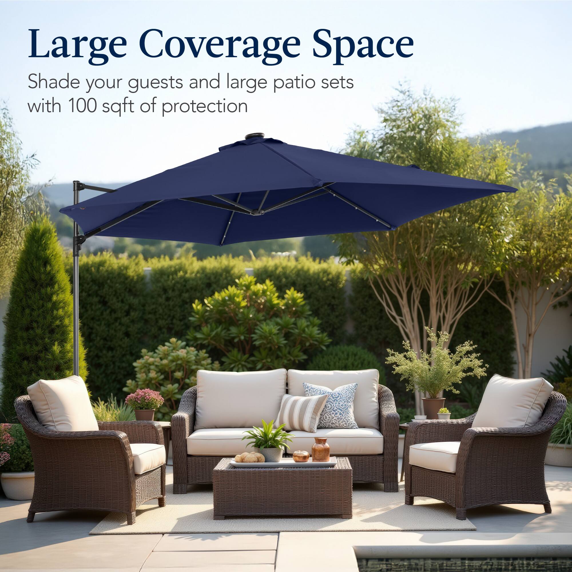 Large Coverage Space

Shade your guests and large patio sets with 100 sqft of protection.