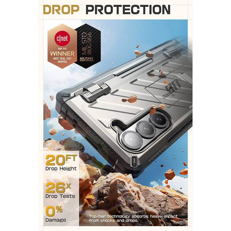 **DROP PROTECTION**

- **c|net DROP TEST WINNER**
- **MIL STD 810G-516.6 MILITARY DROP TESTED**

**MOST TOTAL FEET DROPPED**

- **20FT** Drop Height
- **26x** Drop Tests
- **0%** Damage

Top-tier technology absorbs heavy impact from shocks and drops.