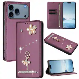 Dteck - 3D Bling Ballerina Wallet Case for Apple iPhone 17 Pro Max, RFID Blocking PU Leather Flip Cover with Card Slots - Darkpurple