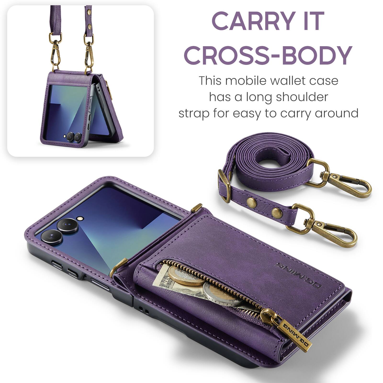 CARRY IT CROSS-BODY  
This mobile wallet case has a long shoulder strap for easy to carry around