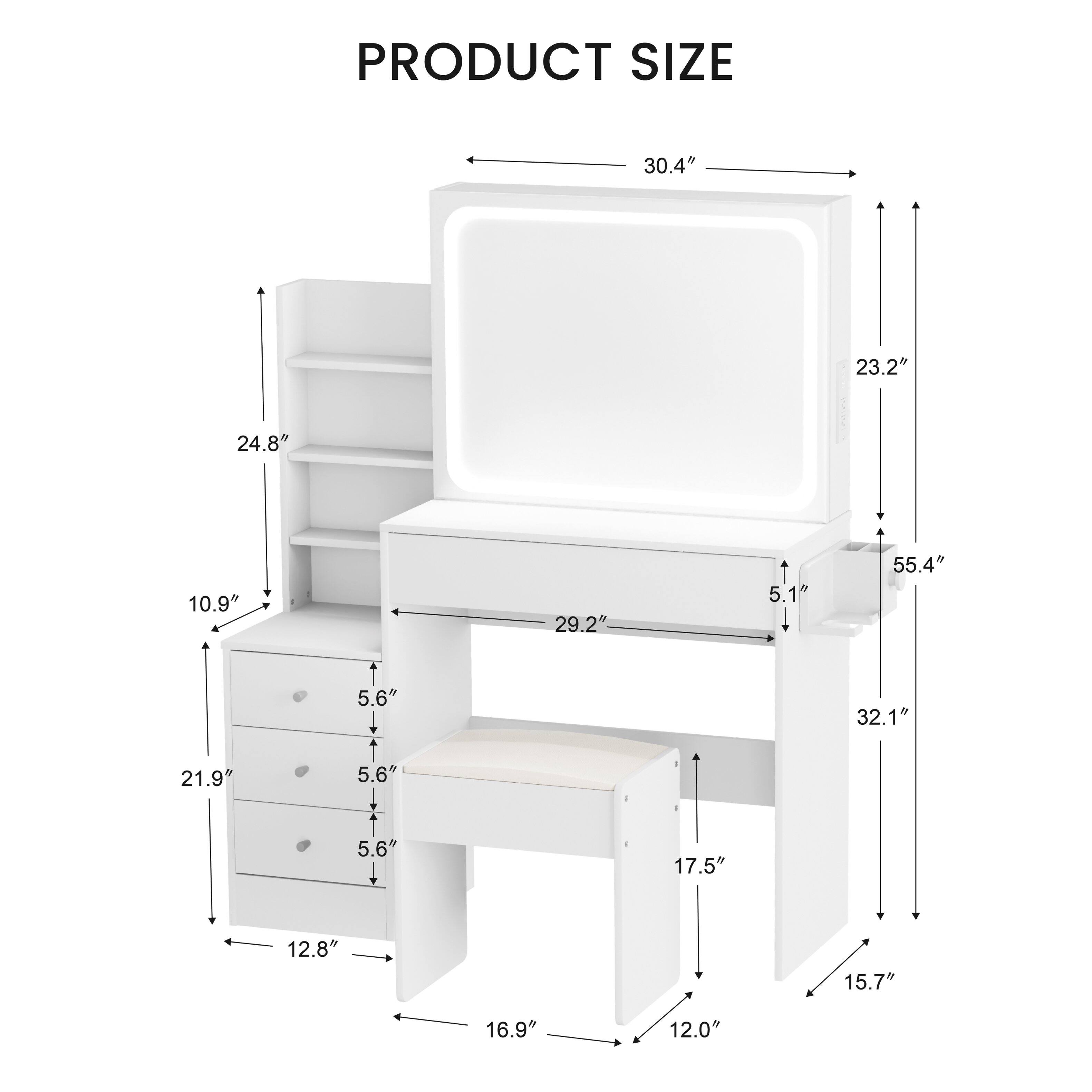 PRODUCT SIZE

- 30.4"
- 23.2"
- 24.8"
- 10.9"
- 29.2"
- 5.1"
- 55.4"
- 5.6"
- 32.1"
- 21.9"
- 5.6"
- 5.6"
- 17.5"
- 12.8"
- 15.7"
- 16.9"
- 12.0"