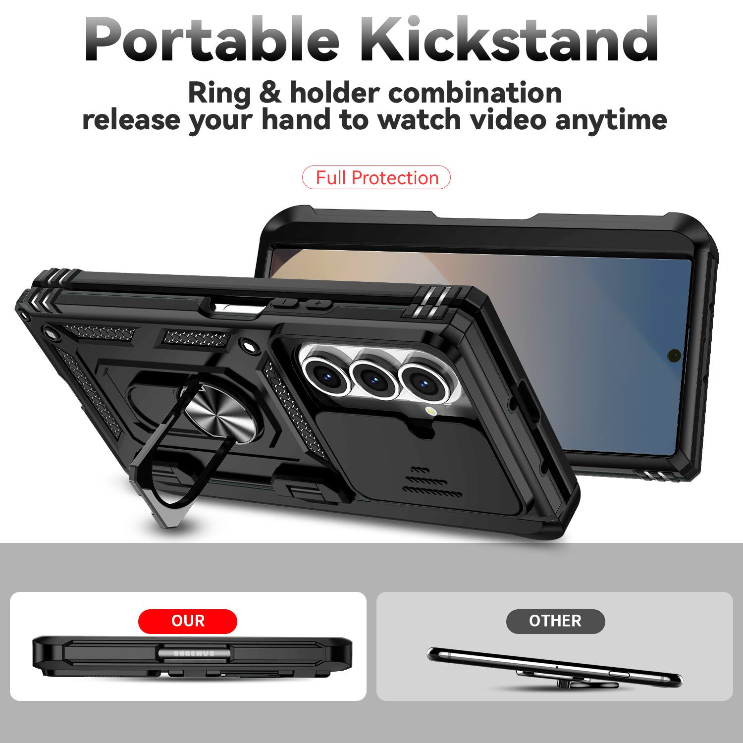 Portable Kickstand  
Ring & holder combination release your hand to watch video anytime  
Full Protection  

OUR  
OTHER