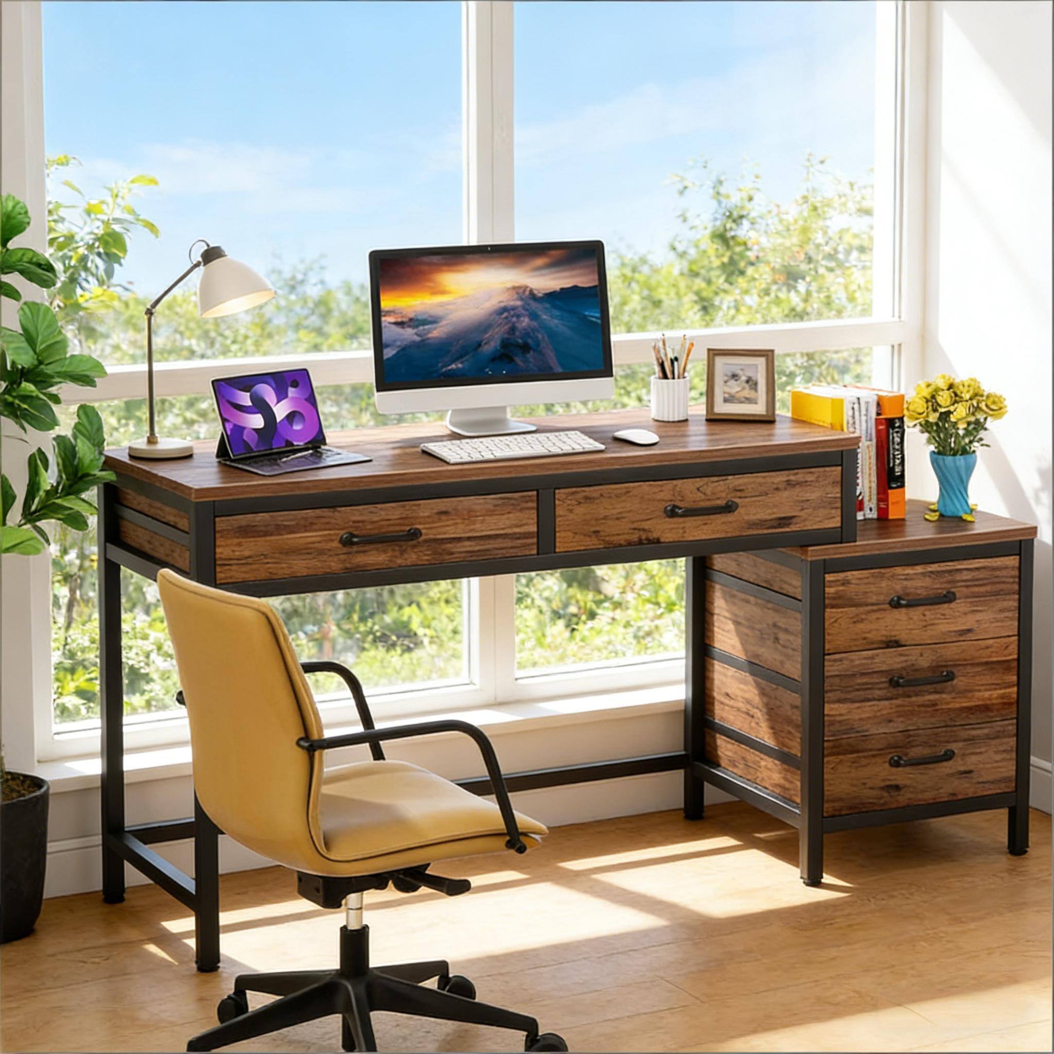 Alt View 2. Forest'nSky - Modern Computer Desk with Drawer Cabinet, Writing Table & Spacious Office Workstation,Rustic Brown - Rustic Brown.