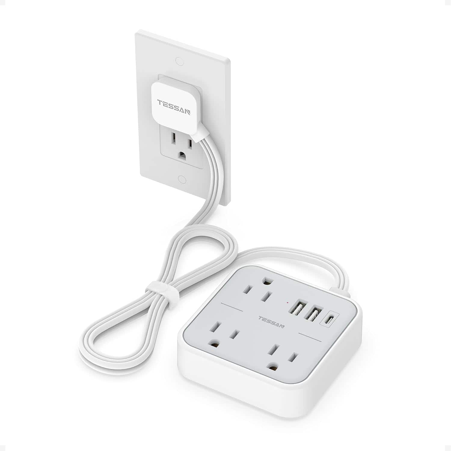 Wikistore - Short Extension Cord 3 FT with 3 Outlets 3 USB Ports Surge Protector Flat Plug Design - White