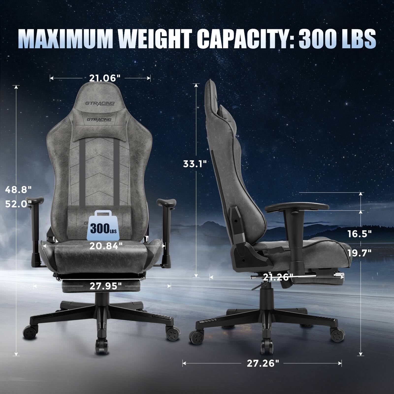 MAXIMUM WEIGHT CAPACITY: 300 LBS

- 21.06" (Width)
- 48.8" (Height)
- 52.0" (Depth)
- 33.1" (Back Height)
- 20.84" (Seat Height)
- 27.95" (Seat Depth)

- 52.0" (Height)
- 20.84" (Seat Height)
- 16.5" (Armrest Height)
- 19.7" (Armrest Width)
- 21.26" (Seat Width)
- 27.26" (Seat Depth)