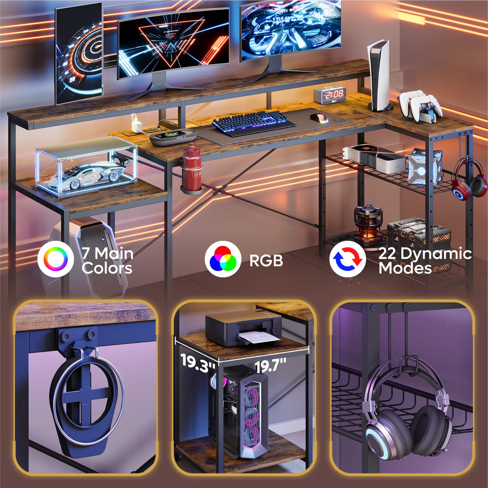 The text on the image can be grouped and corrected as follows:
* 7 Main Colors RGB
* 22 Dynamic Modes
* 19.3"
* 19.7"