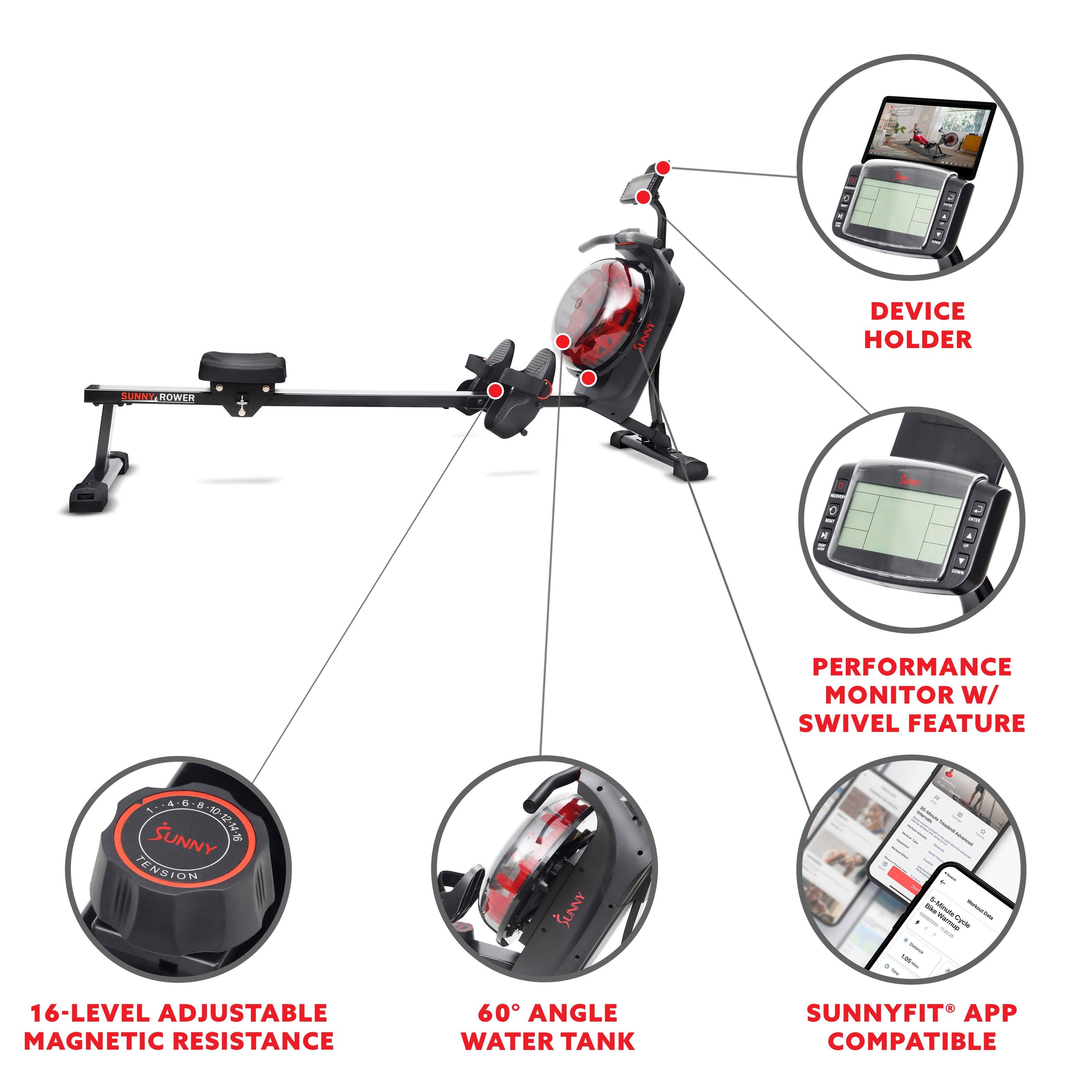 DEVICE HOLDER, PERFORMANCE MONITOR W/ SWIVEL FEATURE, 16-LEVEL ADJUSTABLE MAGNETIC RESISTANCE, 60° ANGLE WATER TANK, SUNNYFIT APP COMPATIBLE