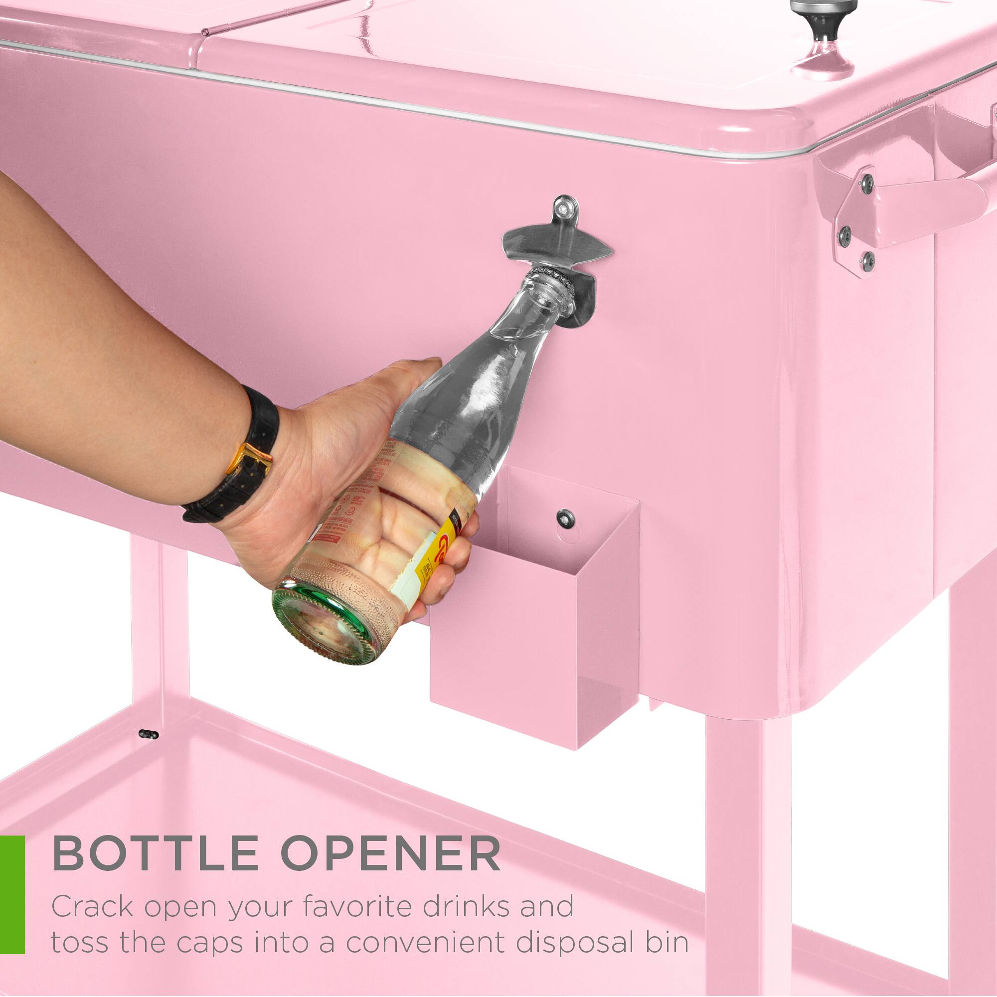BOTTLE OPENER  
Crack open your favorite drinks and toss the caps into a convenient disposal bin