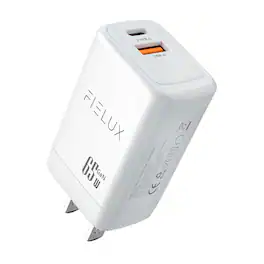 FIELUX - 65W GaN Quick Charging Wall Adapter - Dual Port USB A & USB C Connectors - White