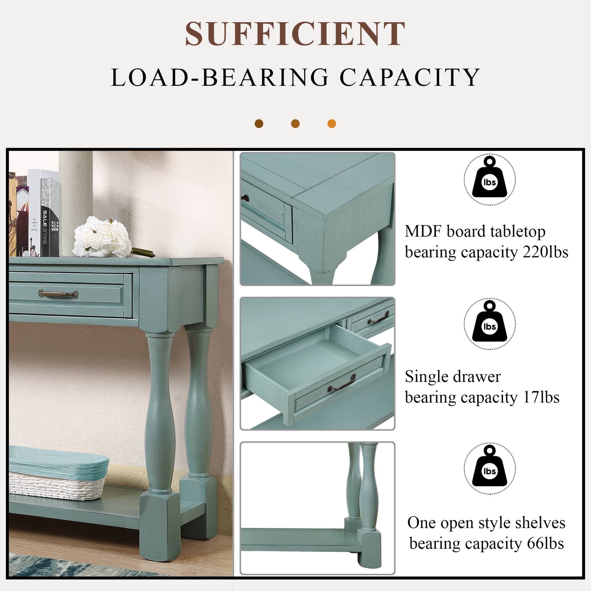 SUFFICIENT LOAD-BEARING CAPACITY

- MDF board tabletop bearing capacity 220lbs
- Single drawer bearing capacity 17lbs
- One open style shelves bearing capacity 66lbs