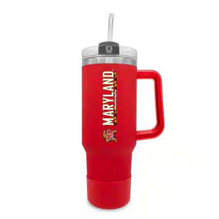 Front. The Fanatic Group - Maryland Terrapins 40oz. Stainless Tumbler with Handle & Removable Straw - Red.