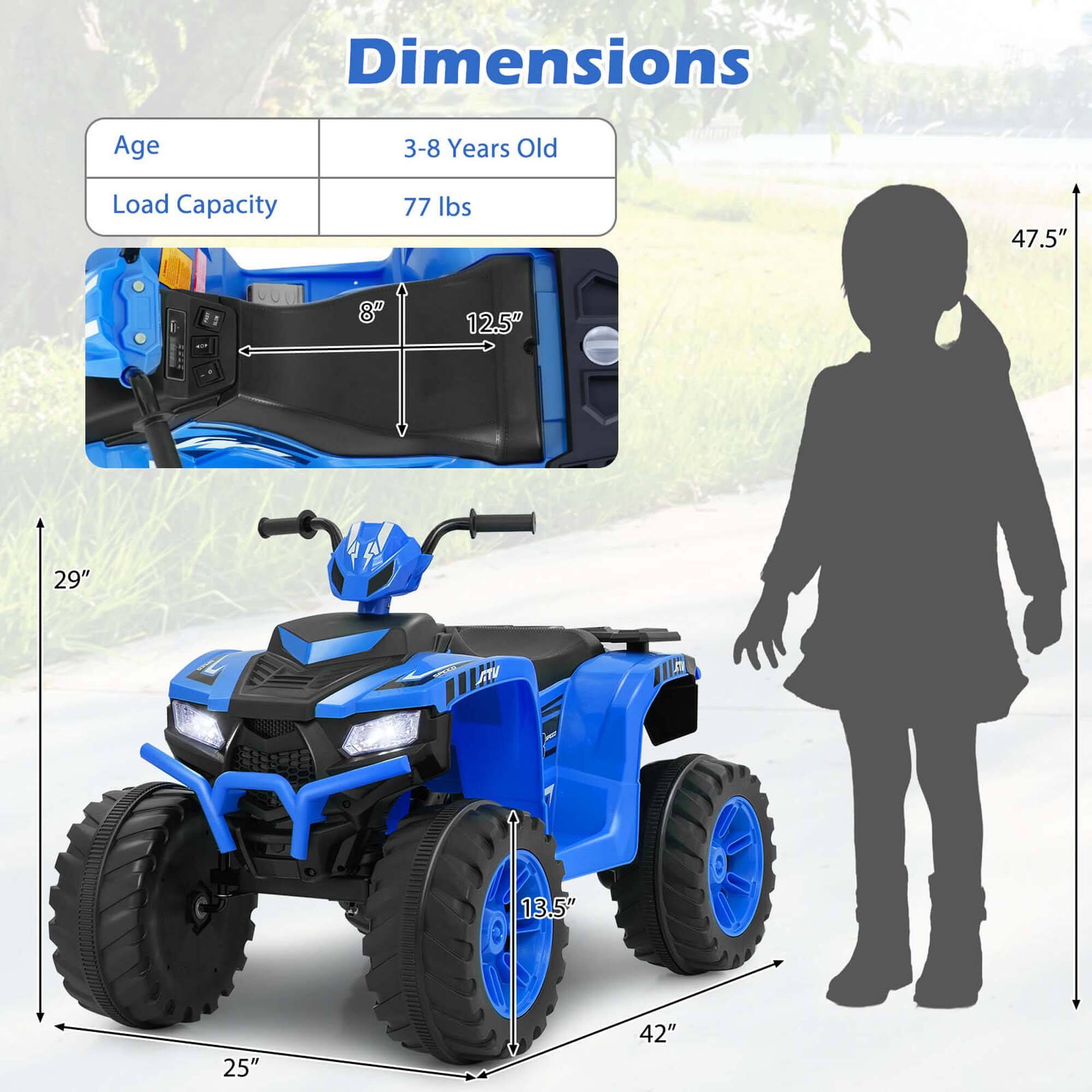 Dimensions  
Age: 3-8 Years Old  
Load Capacity: 77 lbs  

Dimensions:  
- Width: 42"  
- Length: 47.5"  
- Height: 29"  
- Seat Width: 12.5"  
- Seat Depth: 8"  
- Wheel Diameter: 13.5"  
- Wheel Width: 25"