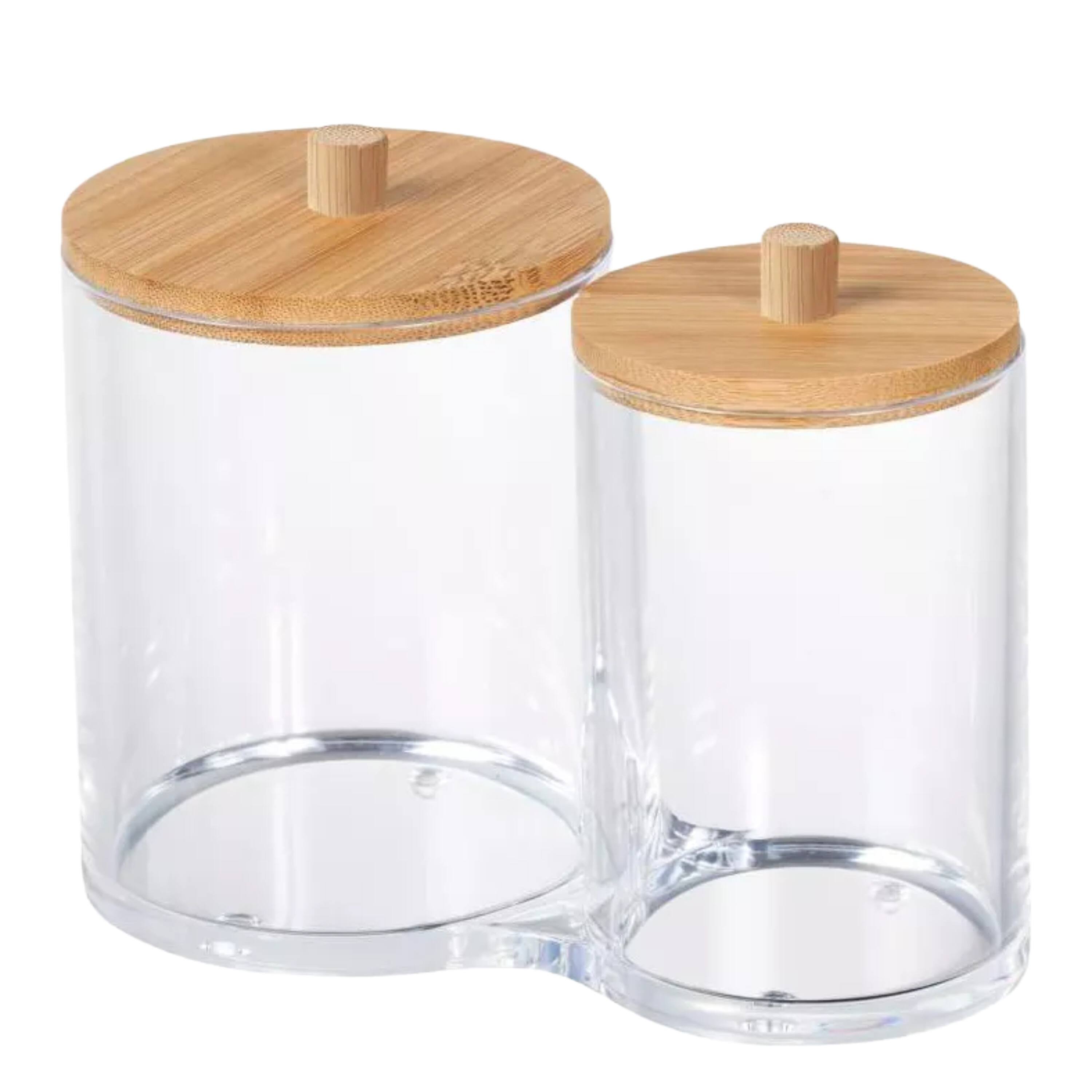 Front. Elle - 2 Section Acrylic Cotton Swab & Makeup Organizer with Bamboo Lid, Compact Nonslip Bathroom Countertop Vanity Storage - Clear/Natural Bamboo.