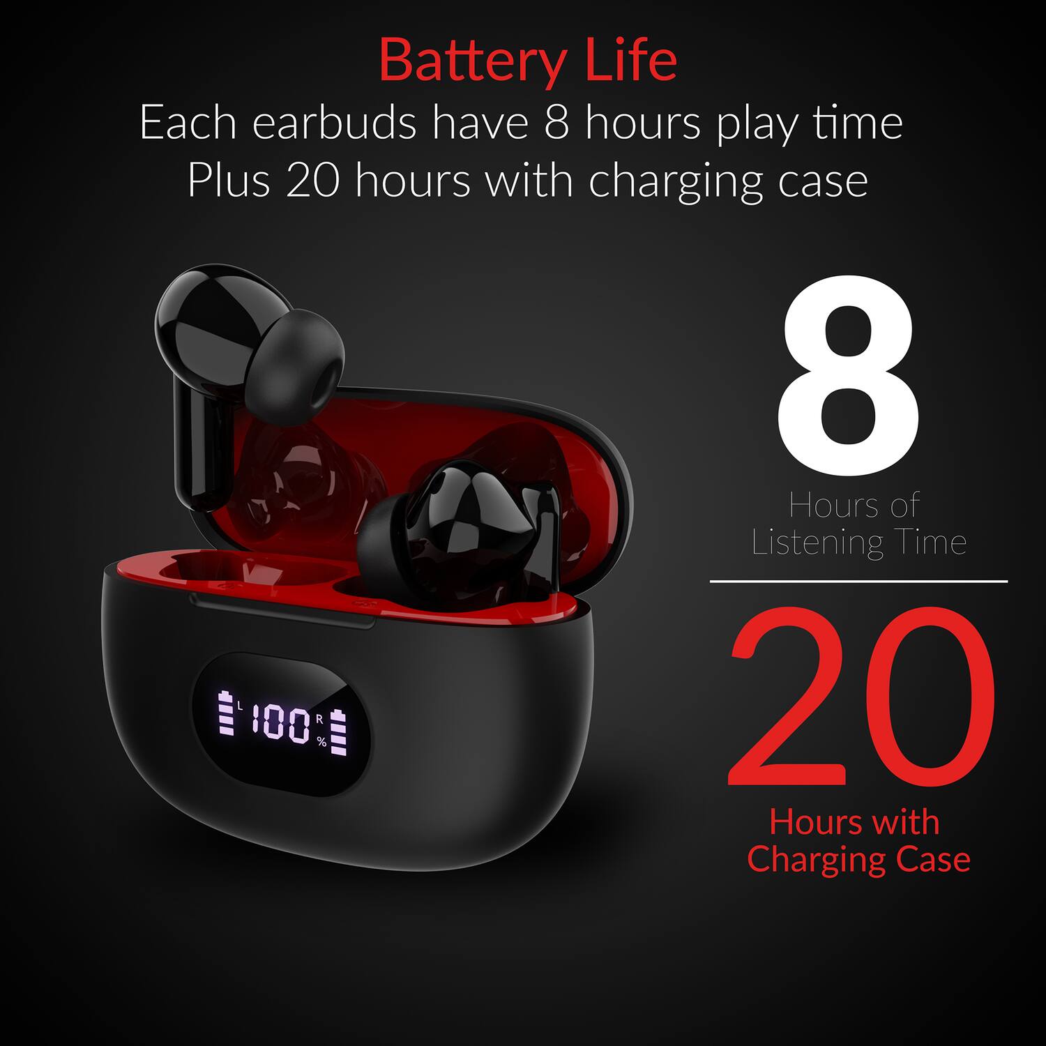 Battery Life  
Each earbuds have 8 hours play time  
Plus 20 hours with charging case  

8 Hours of Listening Time  
20 Hours with Charging Case