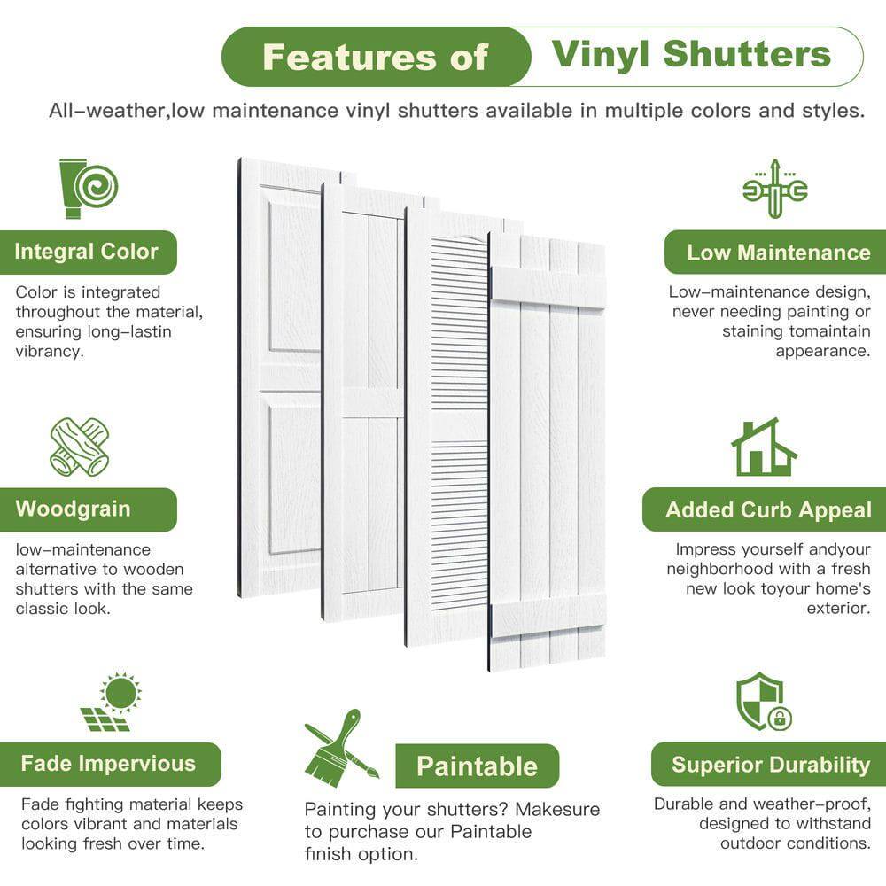 Features of Vinyl Shutters

All-weather, low maintenance vinyl shutters available in multiple colors and styles.

**Integral Color**
- Color is integrated throughout the material, ensuring long-lasting vibrancy.

**Low Maintenance**
- Low-maintenance design, never needing painting or staining to maintain appearance.

**Woodgrain**
- Low-maintenance alternative to wooden shutters with the same classic look.

**Added Curb Appeal**
- Impress yourself and your neighborhood with a fresh new look to your home's exterior.

**Fade Impervious**
- Fade-fighting material keeps colors vibrant and materials looking fresh over time.

**Paintable**
- Painting your shutters? Make sure to purchase our Paintable finish option.

**Superior Durability**
- Durable and weather-proof, designed to withstand outdoor conditions.