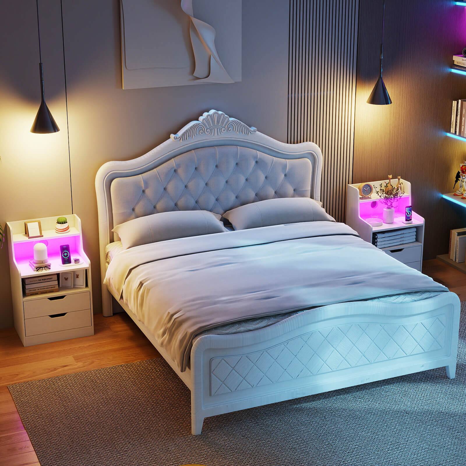 Alt View 4. Costway - Costway 1 PCS Nightstand with LED Light & Charging Station, Open Shelves & 2 Drawers, Cable Holes - White.