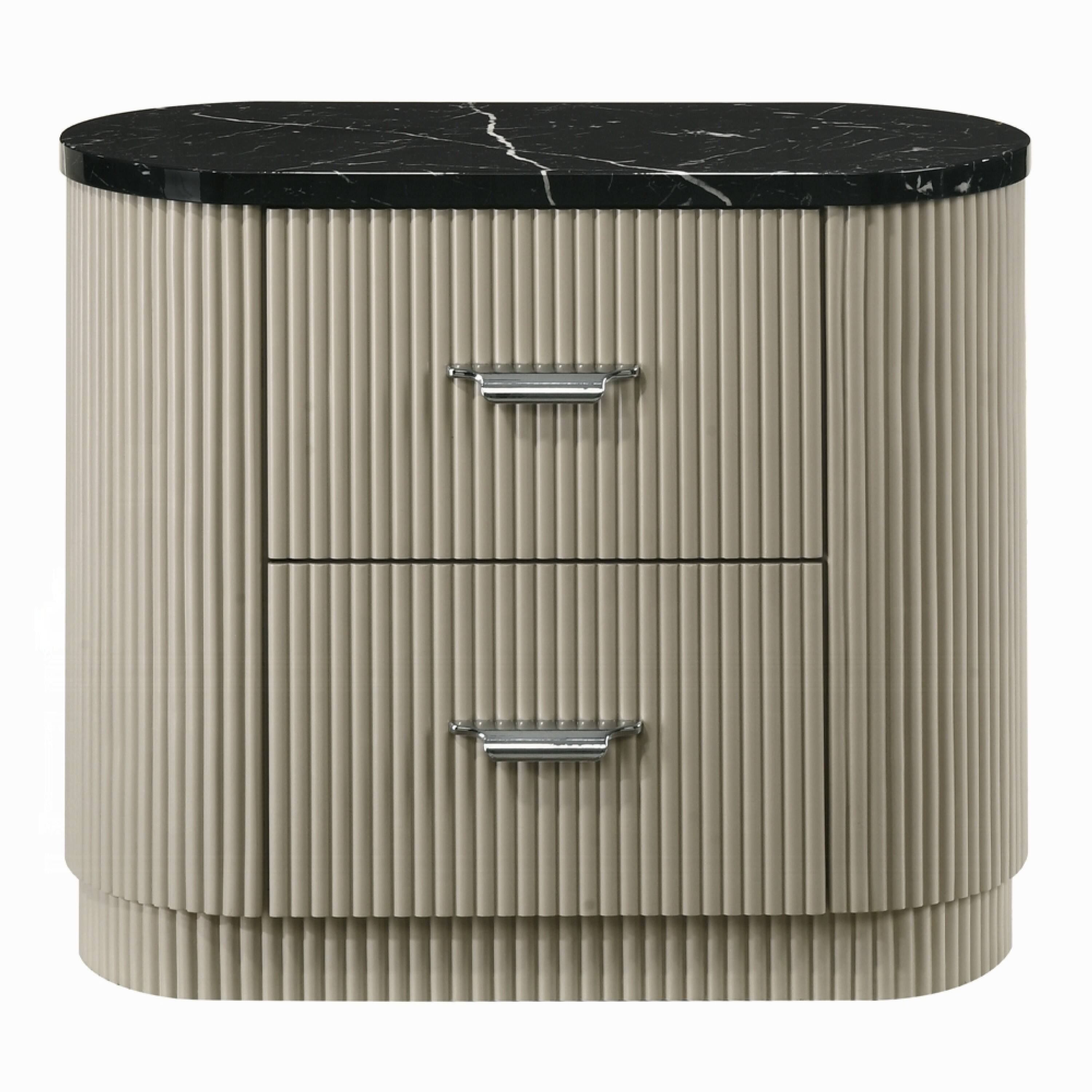 Angle. Manhattan Lane - Trex Nightstand, 2 Reeded Drawers with Faux Marble Oval Top - Beige, Black, Silver.