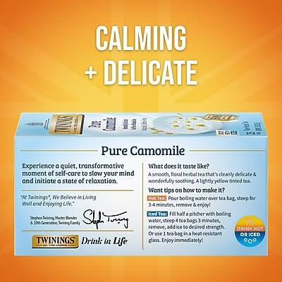 **CALMING + DELICATE**

**Pure Camomile**

Experience a quiet, transformative moment of self-care to slow your mind and initiate a state of relaxation.

**What does it taste like?**
A smooth, floral herbal tea that's cleanly delicate & wonderfully soothing. A lightly yellow tinted tea.

**Want tips on how to make it?**

**Hot Tea:**
Pour boiling water over tea bag, steep for 3-4 minutes, remove & enjoy!

**Iced Tea:**
Fill half a pitcher with boiling water, steep tea bags for 3 minutes, remove, add 4 ice tea to desired strength. OR use 1 tea bag in a heat-resistant glass. Enjoy immediately!

"At Twinings, We Believe in Living Well and Enjoying Life."

**Twinings Master Blender Signature**
Stephen Twining, 20th Generation Twining Family

**Drink in Life**

*DRINK HOT OR ICED*