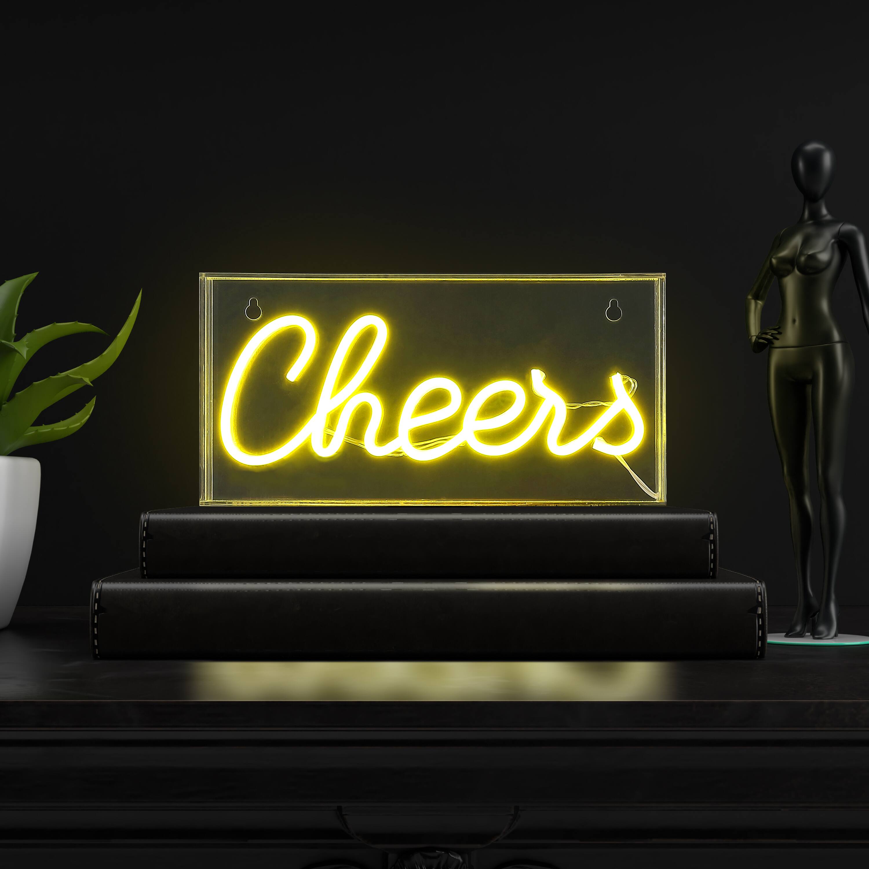 Alt View 1. Jonathan Y - Cheers 11.8" Contemporary Glam Acrylic Box USB Operated LED Neon Light, Yellow - Yellow.