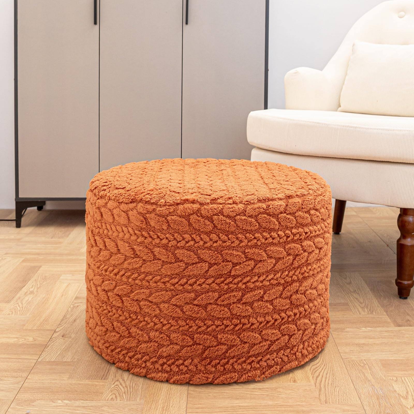 Alt View 2. JETRANSPORT - Round Pouf Ottoman 20 X 14 Inches Boho Poof Home Decor Floor Pouffe Foot Rest For Couch Sofa Bean Bag - Light Coffee.