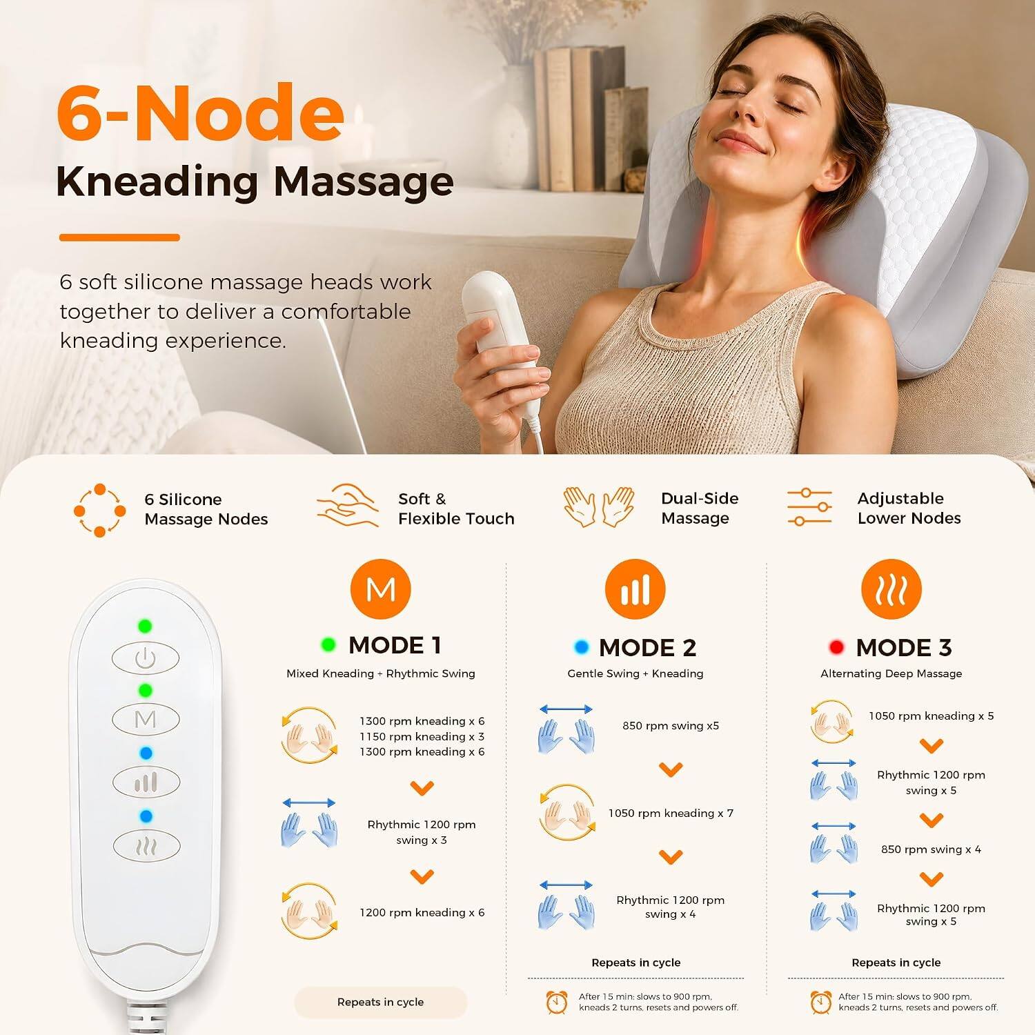 6-Node Kneading Massage

6 soft silicone massage heads work together to deliver a comfortable kneading experience.

6 Silicone Massage Nodes
Soft & Flexible Touch
Dual-Side Massage
Adjustable Lower Nodes

MODE 1 Mixed Kneading + Rhythmic Swing
- 1300 rpm kneading x 6
- 1150 rpm kneading x 5
- 1300 rpm kneading x 6
- Rhythmic 1200 rpm swing x 3
- 1200 rpm kneading x 6
Repeats in cycle

MODE 2 Gentle Swing + Kneading
- 850 rpm swing x 5
- 1050 rpm kneading x 7
- Rhythmic 1200 rpm swing x 4
Repeats in cycle

MODE 3 Alternating Deep Massage
- 1050 rpm kneading x 5
- Rhythmic 1200 rpm swing x 5
- 850 rpm swing x 4
- 1200 rpm kneading x 6
Repeats in cycle

After 5 min: slows to 9
