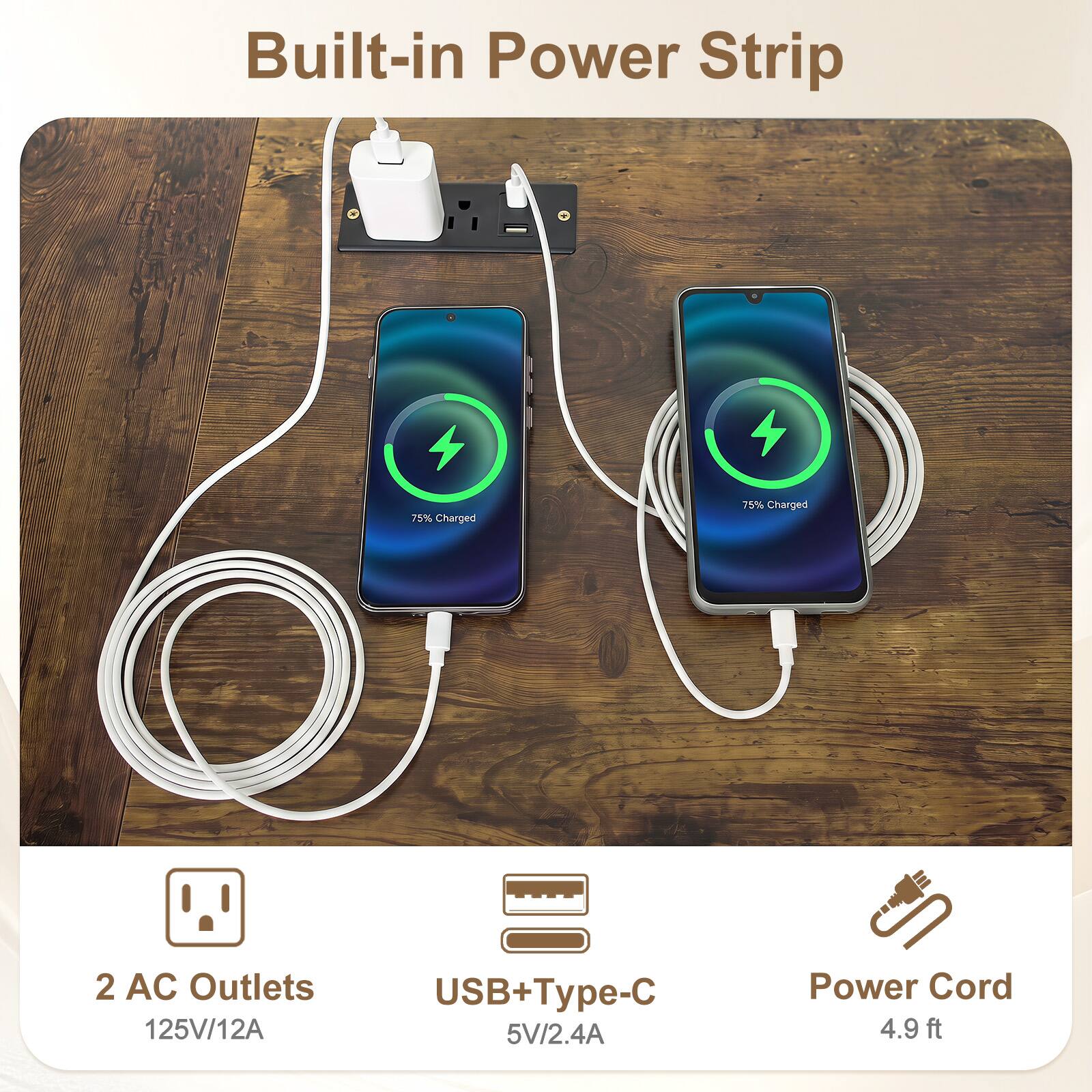 Built-in Power Strip

- 2 AC Outlets: 125V/12A
- USB+Type-C: 5V/2.4A
- Power Cord: 4.9 ft