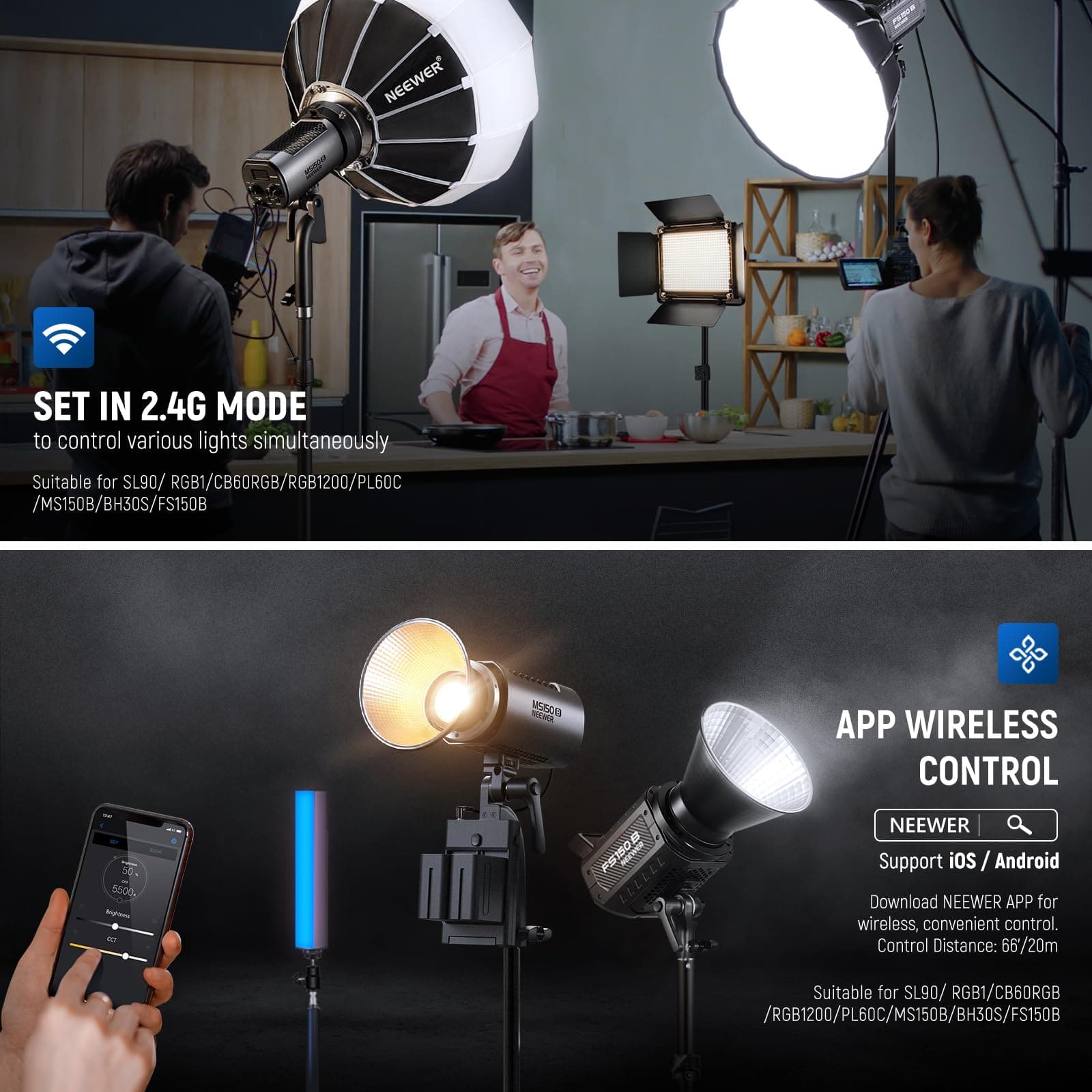 Neewer MS150B 130W Bi Color LED Video Light, App/2.4G Control