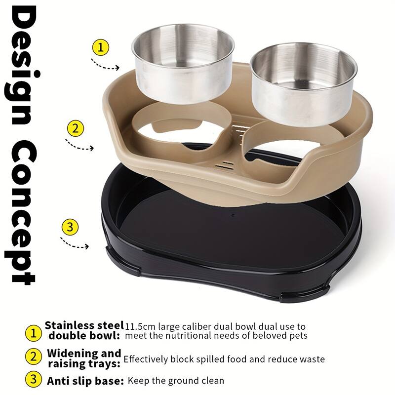 Design Concept

1. Stainless steel 11.5cm large caliber dual bowl: meet the nutritional needs of beloved pets
2. Widening and raising trays: Effectively block spilled food and reduce waste
3. Anti slip base: Keep the ground clean