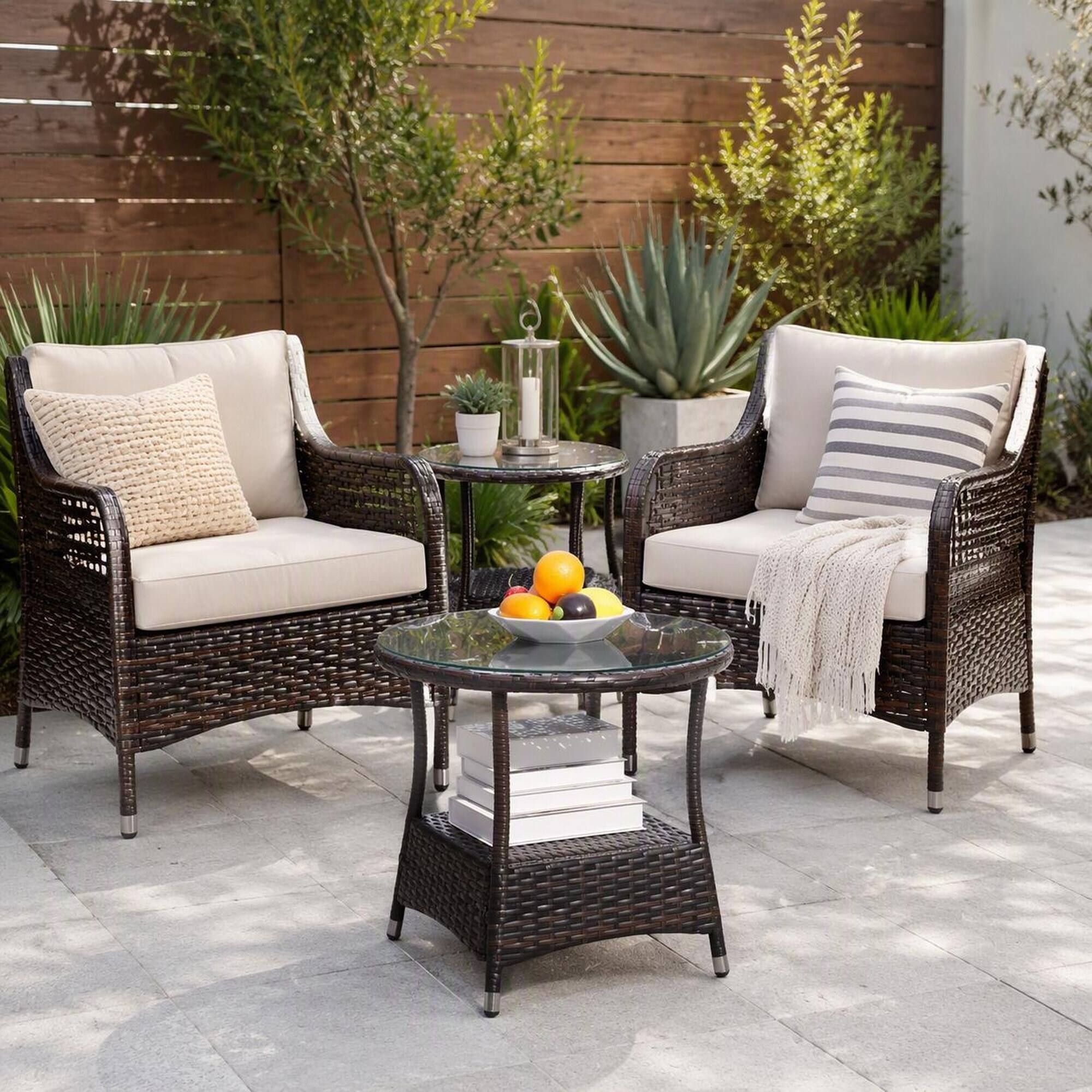 Left. RYHNUYNE - Round Patio Coffee Table with Clear Tempered Glass Top for Outdoor Garden Balcony and Poolside Seating Areas - Brown.