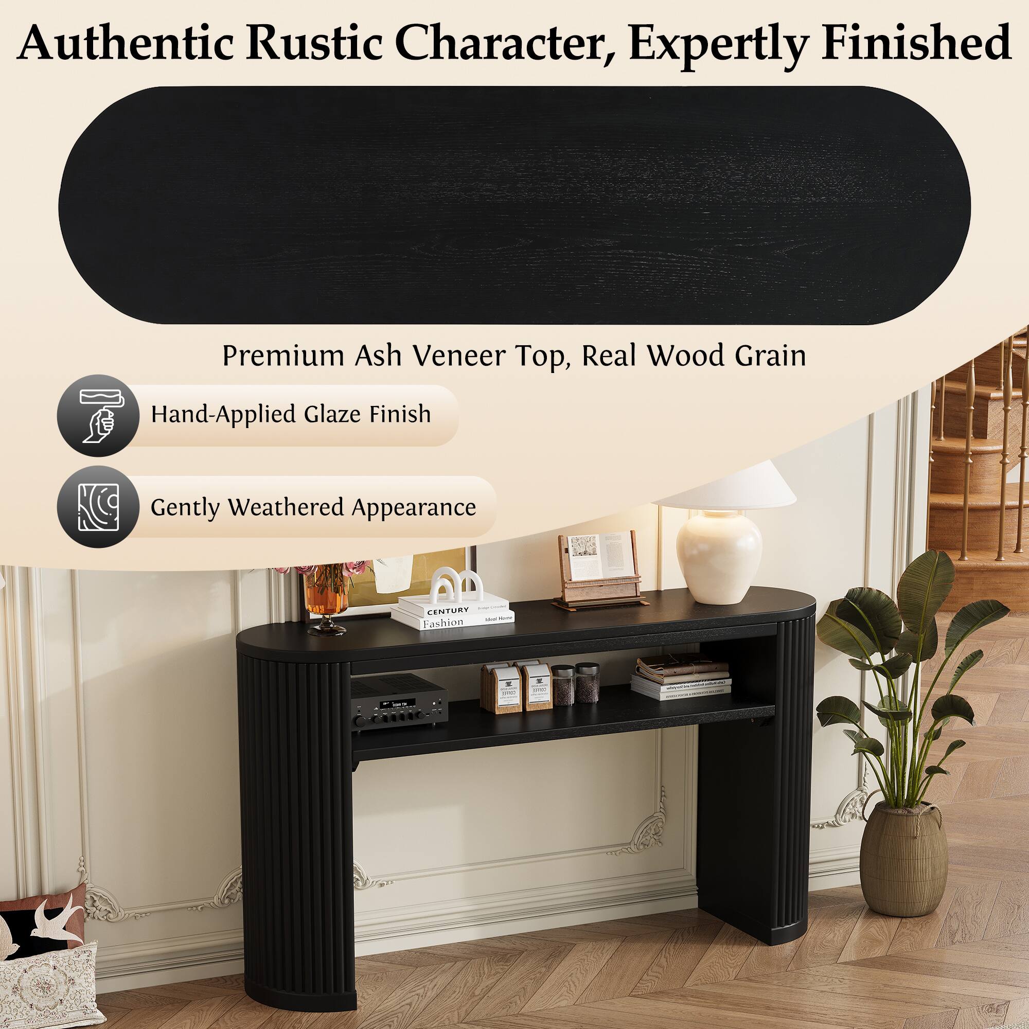 Authentic Rustic Character, Expertly Finished

Premium Ash Veneer Top, Real Wood Grain

Hand-Applied Glaze Finish

Gently Weathered Appearance