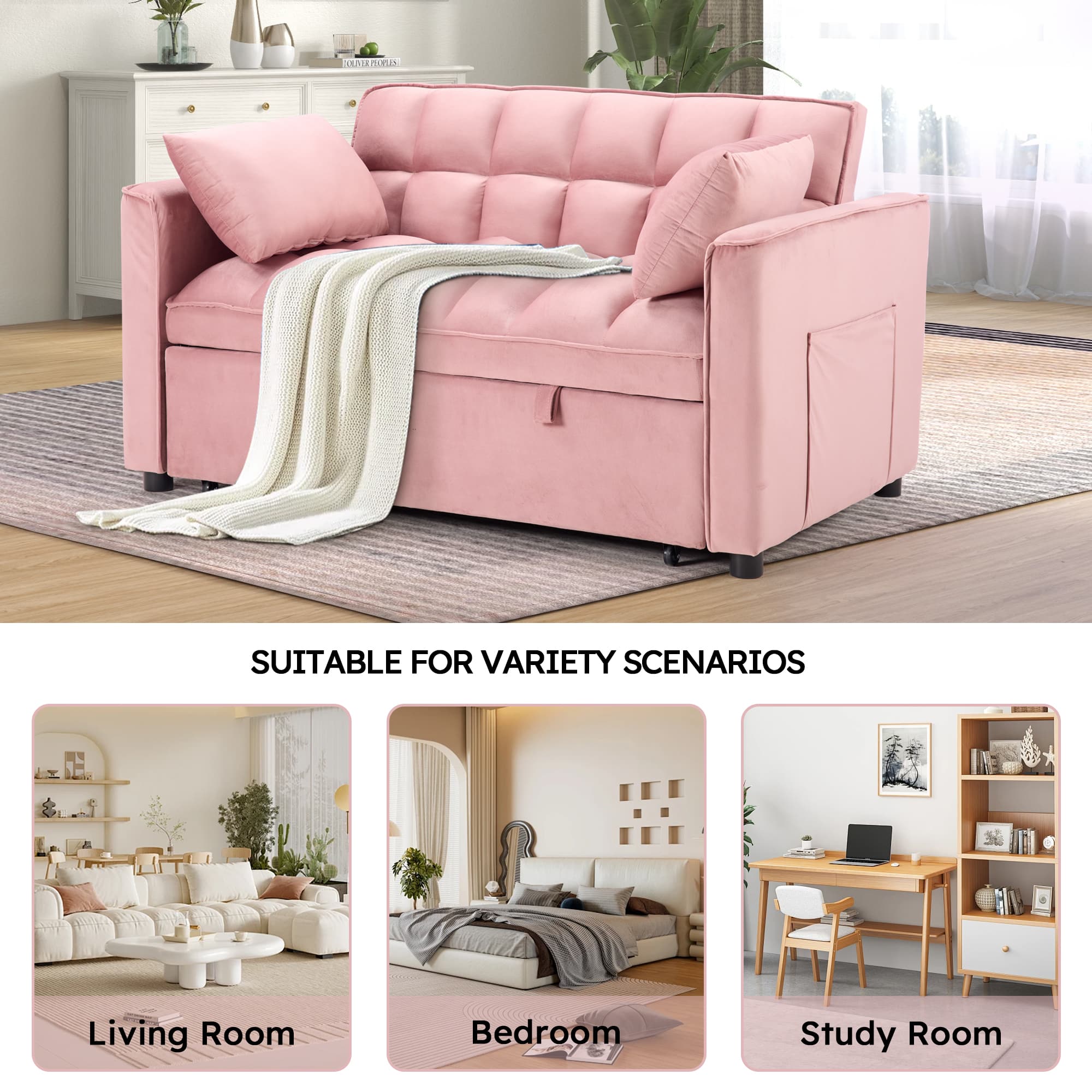 The text on the image is grouped and corrected as follows:
"Suitable for variety scenarios: Living Room, Bedroom, Study Room."