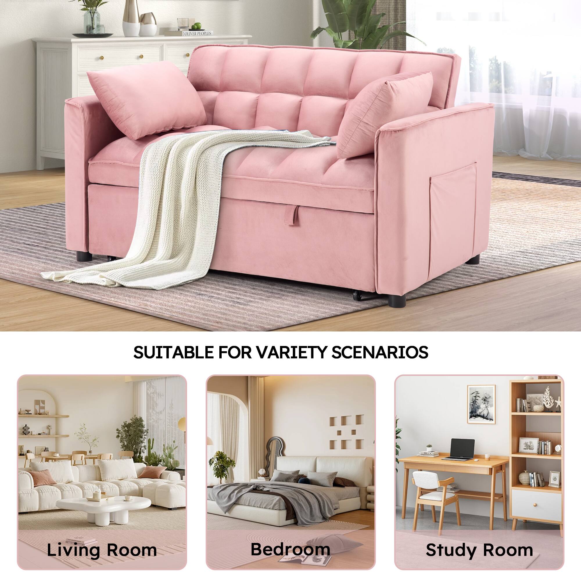 The text on the image is grouped and corrected as follows:

"Suitable for variety scenarios: Living Room, Bedroom, Study Room."