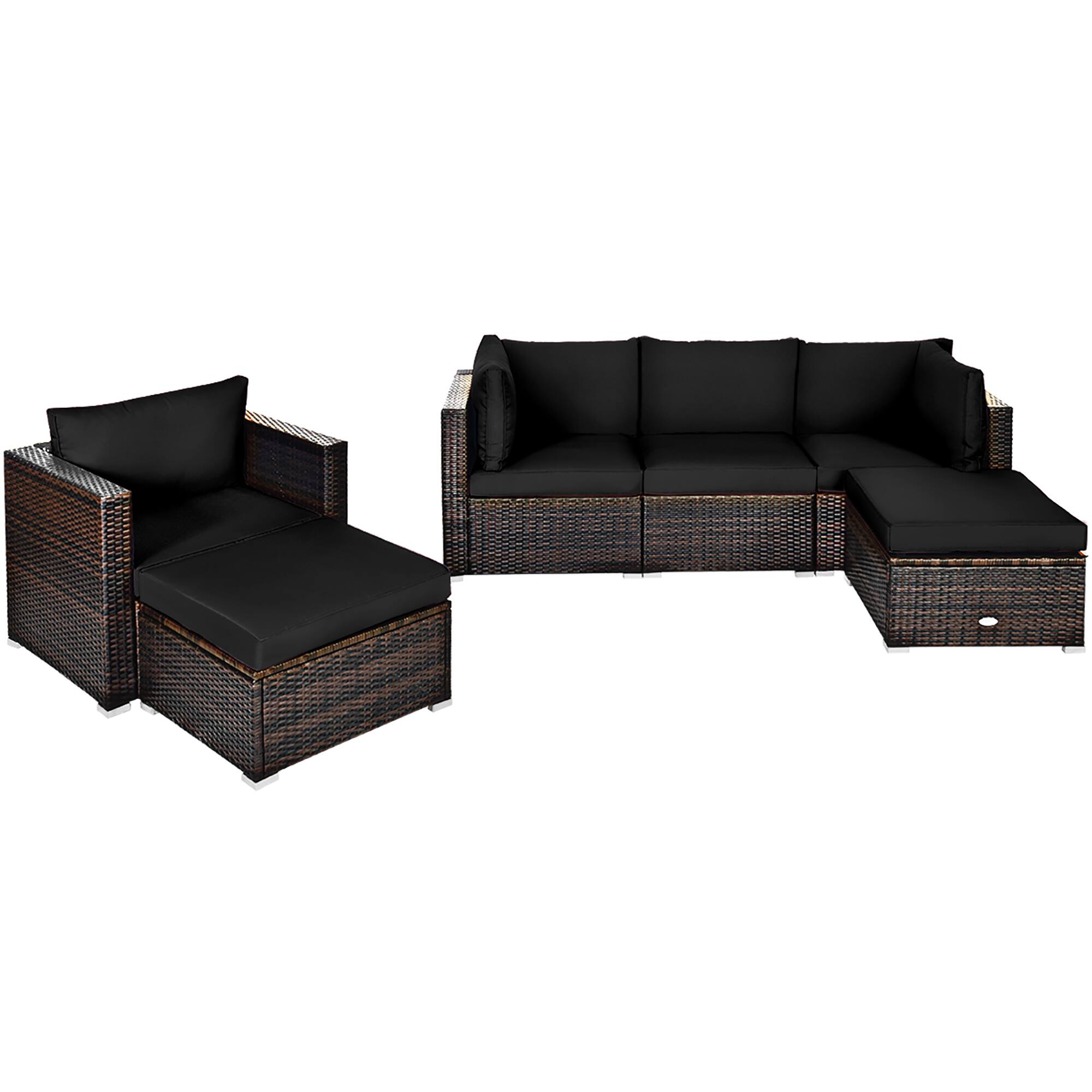 Left. Costway - 6PCS Patio Rattan Furniture Set Cushion Sofa Coffee Table Ottoman - Black.