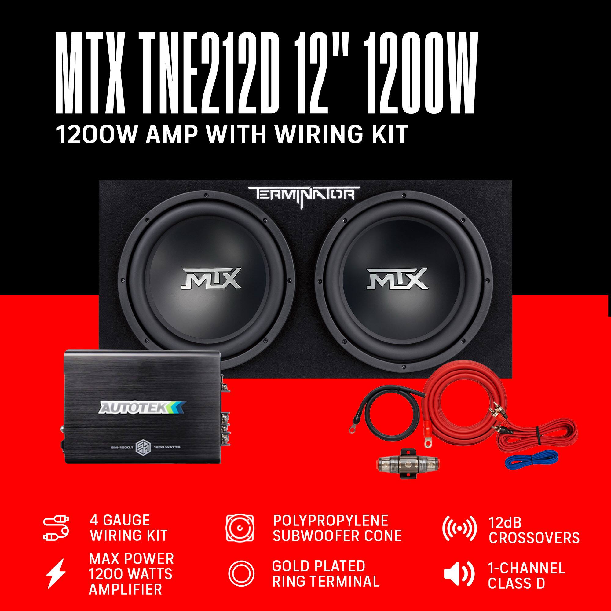 MTX TNE212D 12" 1200W  
1200W AMP WITH WIRING KIT  

- 4 GAUGE WIRING KIT  
- MAX POWER 1200 WATTS AMPLIFIER  
- POLYPROPYLENE SUBWOOFER CONE  
- GOLD PLATED RING TERMINAL  
- 12dB CROSSOVERS  
- 1-CHANNEL CLASS D