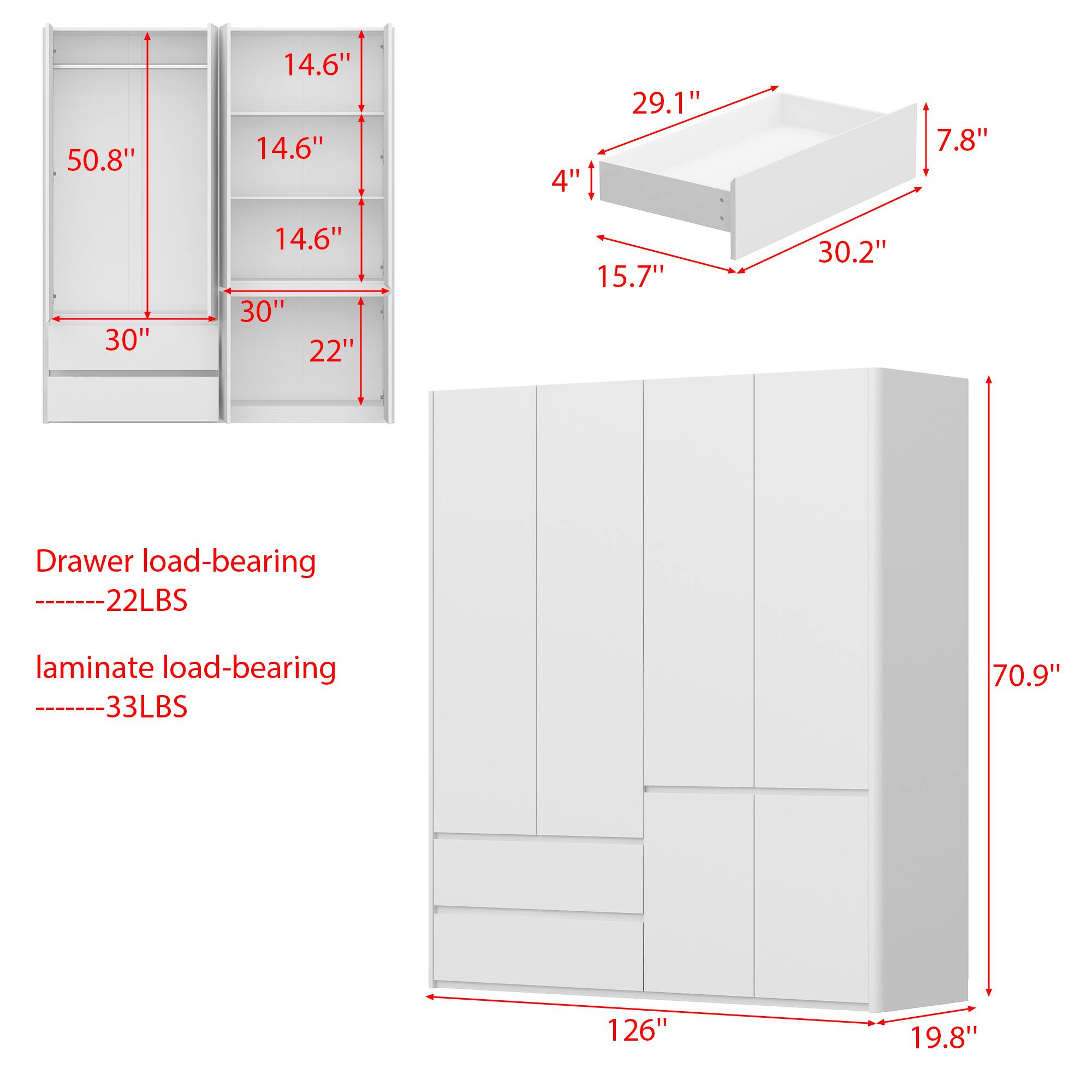 - 50.8"
- 30"
- 14.6" (x3)
- 22"
- 29.1"
- 4"
- 15.7"
- 30.2"
- 7.8"
- Drawer load-bearing: 22LBS
- laminate load-bearing: 33LBS
- 70.9"
- 126"
- 19.8"