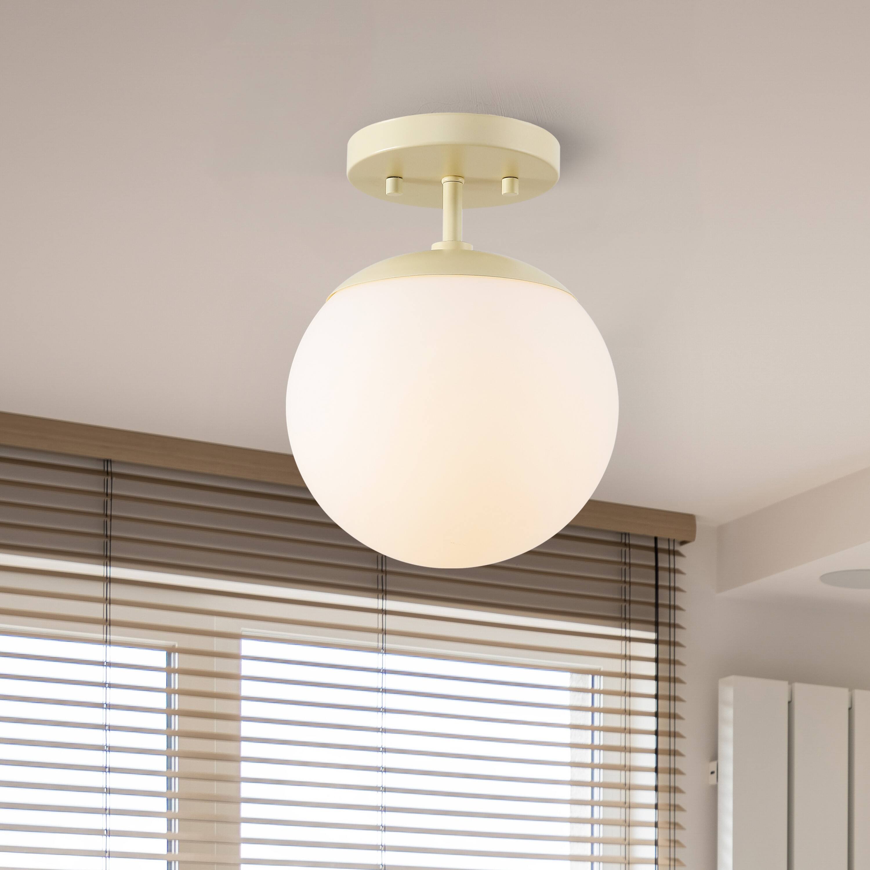 Alt View 1. Jonathan Y - Marcel Bistro 7.75" 1-Light Bohemian Farmhouse Iron/Frosted Glass LED Semi Flush Mount, Beige/White - Beige/White.