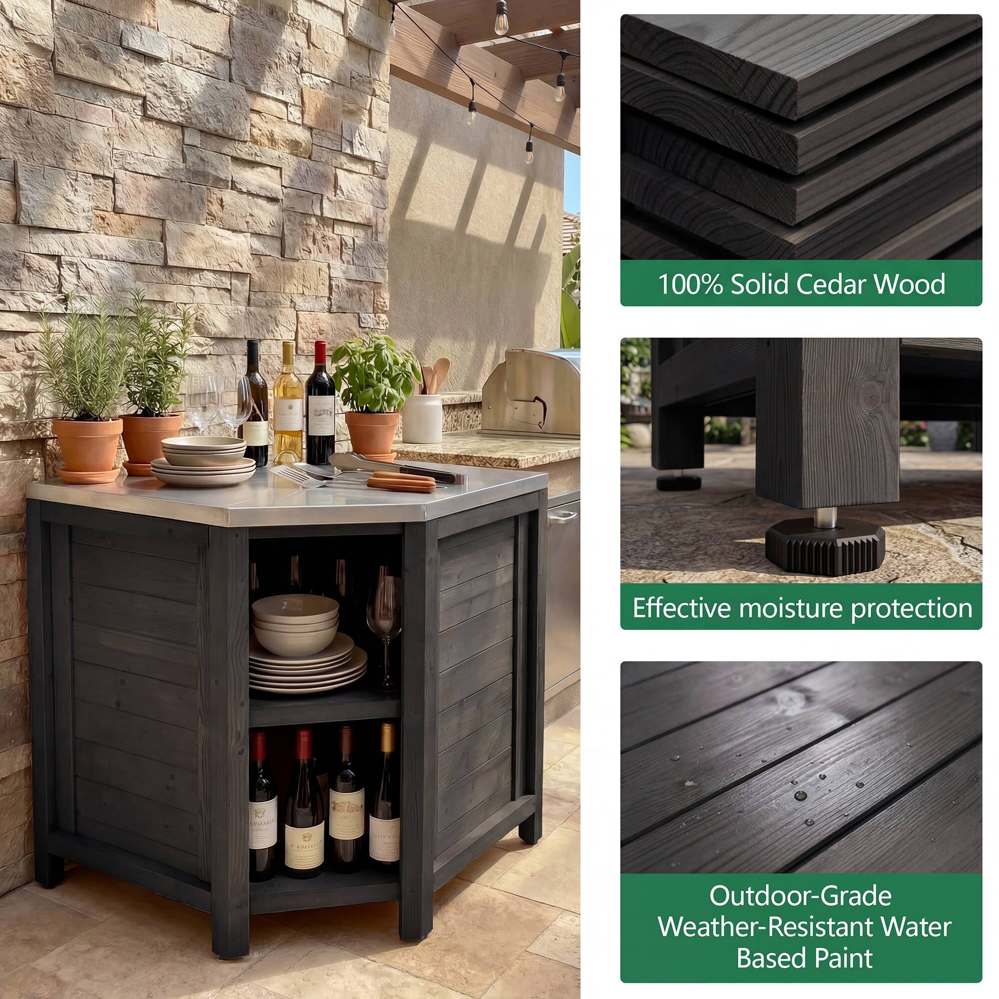 100% Solid Cedar Wood  
Effective moisture protection  
Outdoor-Grade Weather-Resistant Water Based Paint