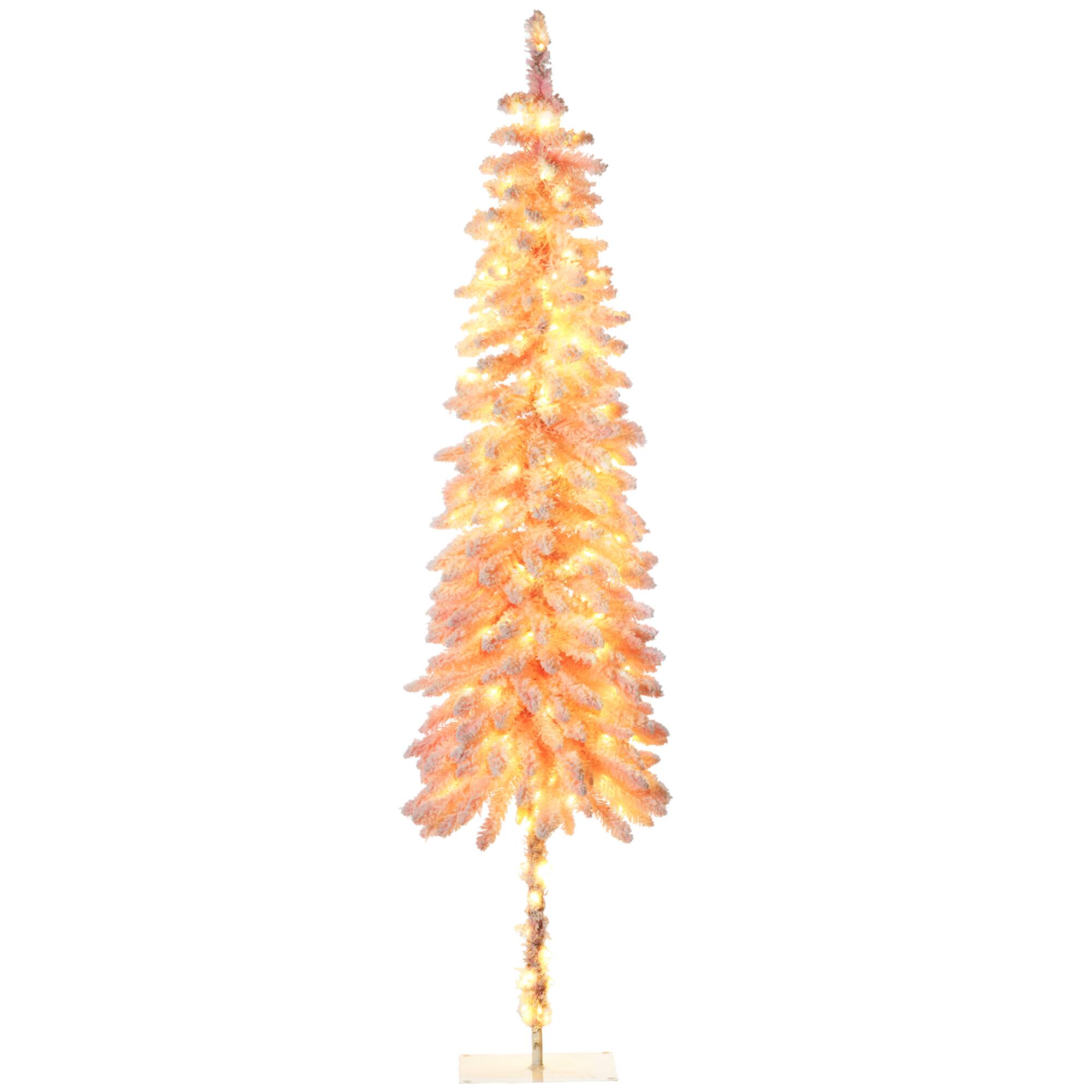 Front. Homcom - Prelit Pencil Artificial Christmas Tree, 703 Snow Flocked Branches, 250 Warm White LEDs, Downswept Shape - pink.