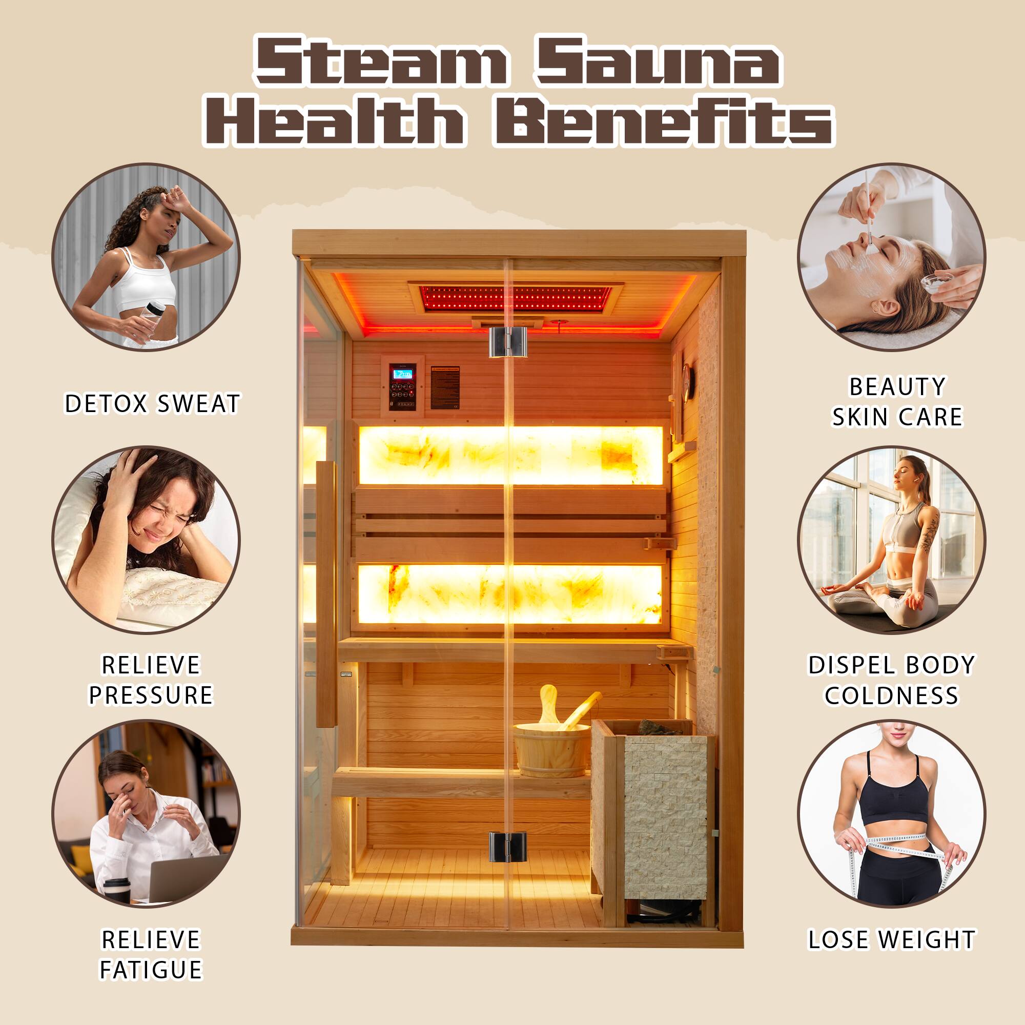 Steam Sauna Health Benefits

- DETOX SWEAT
- RELIEVE PRESSURE
- RELIEVE FATIGUE
- BEAUTY SKIN CARE
- DISPEL BODY COLDNESS
- LOSE WEIGHT