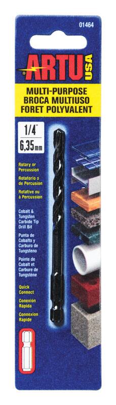 01464 ARTU USA MULTI-PURPOSE BROCA MULTIUSO FORET POLYVALENT 1/4" 6,35mm

Rotary or Percussion  
Rotatorio o de Percusión  
Rotative ou à Percussion

Cobalt & Tungsten Carbide Tip Drill Bit  
Punta de Cobalto y Carburo de Tungsteno  
Pointe de Cobalt et Carbure de Tungstène

Quick Connect  
Conexión Rápida  
Connexion Rapide