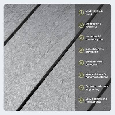 1. Made of plastic wood  
2. Wood grain & touching  
3. Waterproof & moisture-proof  
4. Insect & termite prevention  
5. Environmental protection  
6. Wear resistance & oxidation resistance  
7. Corrosion resistance, long-lasting  
8. Easy cleaning and maintenance