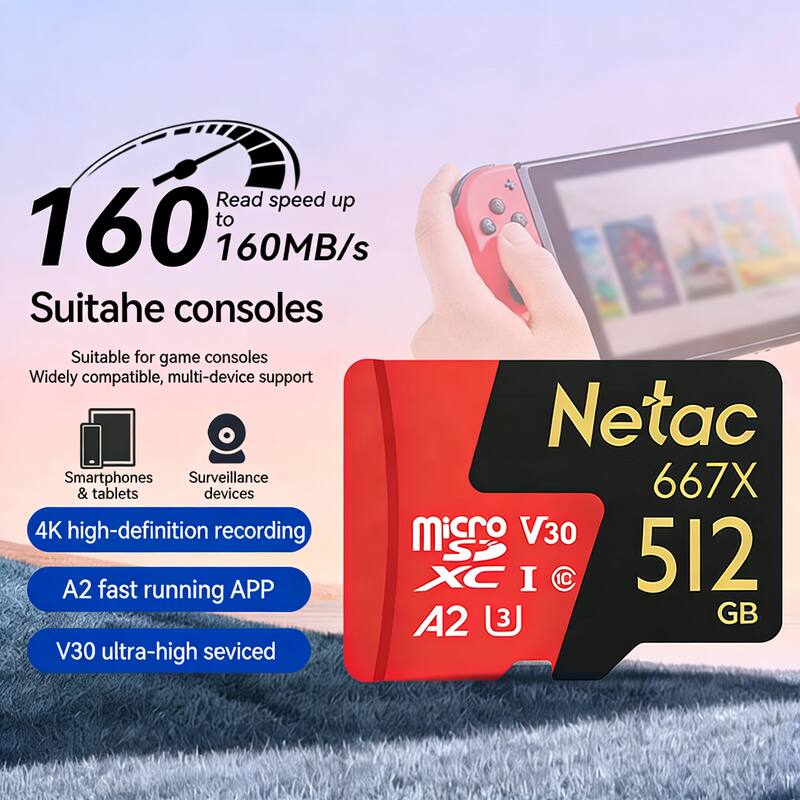 Read speed up to 160MB/s  
Suitable for game consoles  
Widely compatible, multi-device support  
Smartphones & tablets  
Surveillance devices  
4K high-definition recording  
A2 fast running APP  
V30 ultra-high speed  

Netac 667X  
512 GB  
Micro SDXC I  
V30  
A2