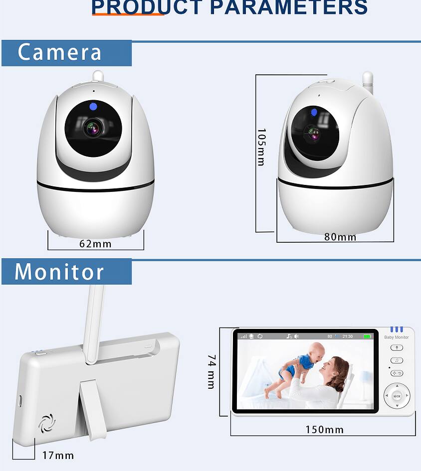 **PRODUCT PARAMETERS**

**Camera**
- 105mm
- 62mm
- 80mm

**Monitor**
- 74mm
- 150mm
- 17mm