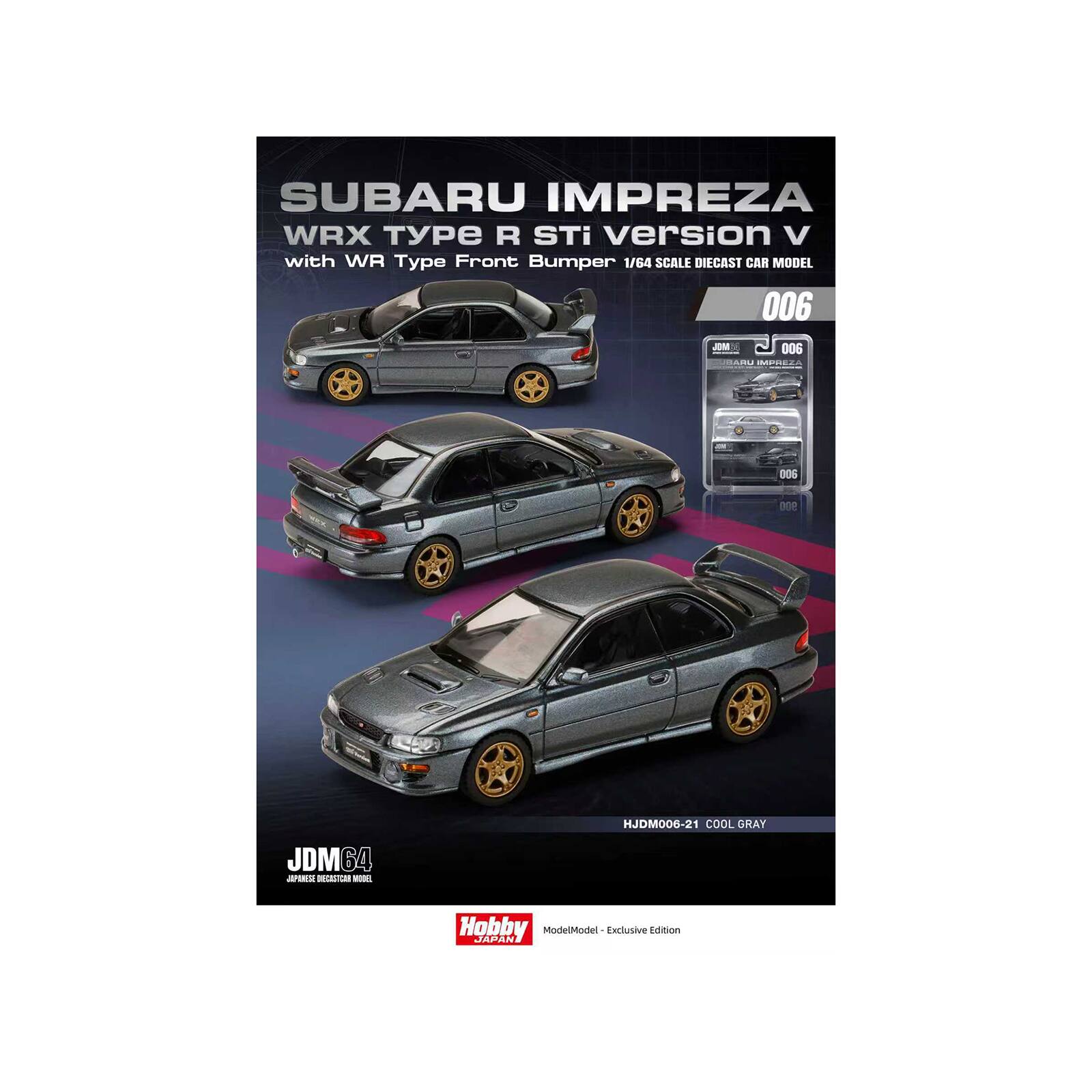 SUBARU IMPREZA WRX Type R STi version V with WR Type Front Bumper 1/64 SCALE DIECAST CAR MODEL  
006 JOM 006 SPDELA DOS 00e HJDM006-21 COOL GRAY JDM64  
Hobby Model - Exclusive Edition
