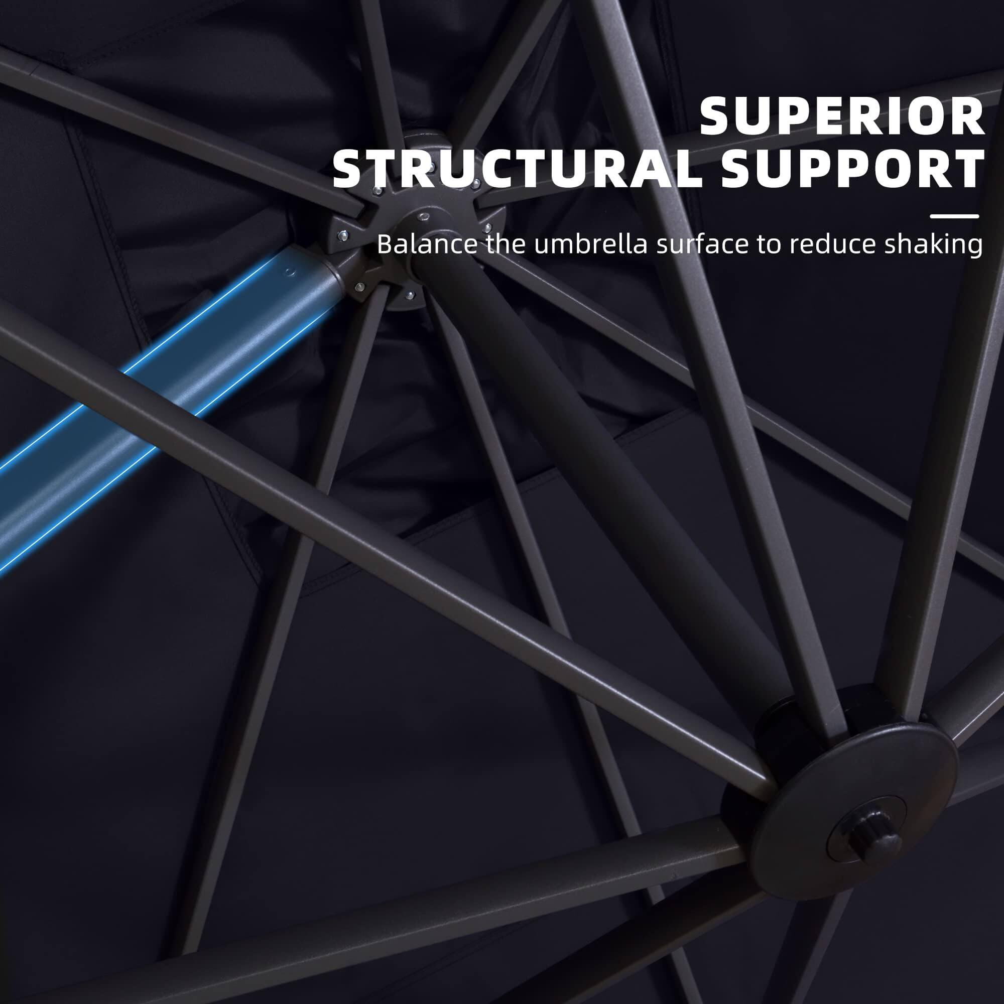 SUPERIOR STRUCTURAL SUPPORT  
Balance the umbrella surface to reduce shaking