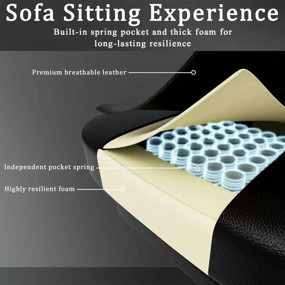 Sofa Sitting Experience  
Built-in spring pocket and thick foam for long-lasting resilience  

Premium breathable leather  
Independent pocket spring  
Highly resilient foam