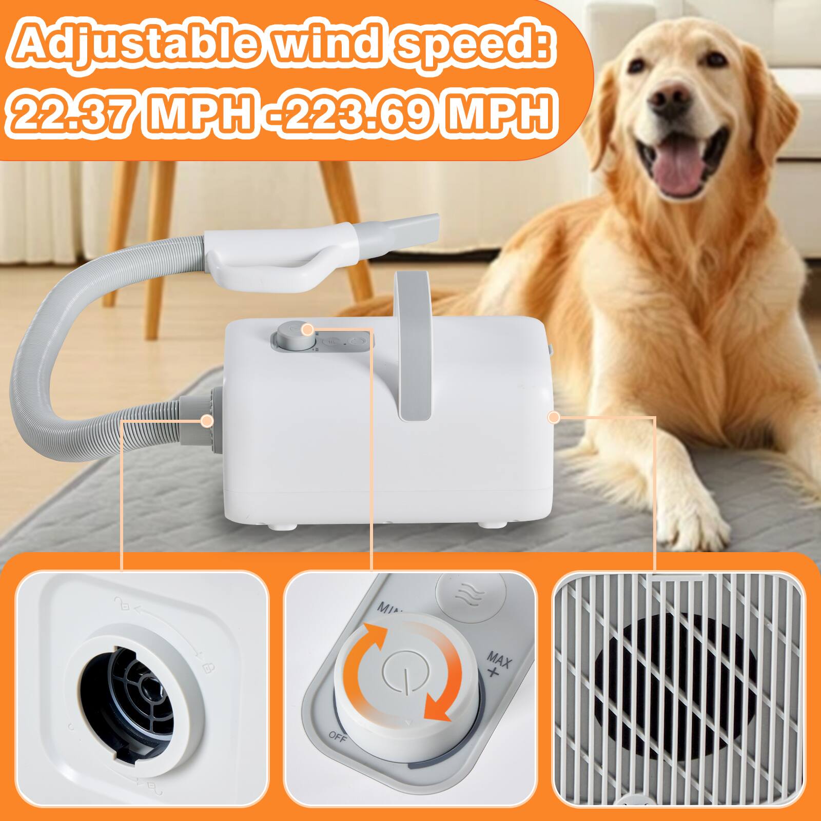 Adjustable wind speed: 22.37 MPH - 223.69 MPH