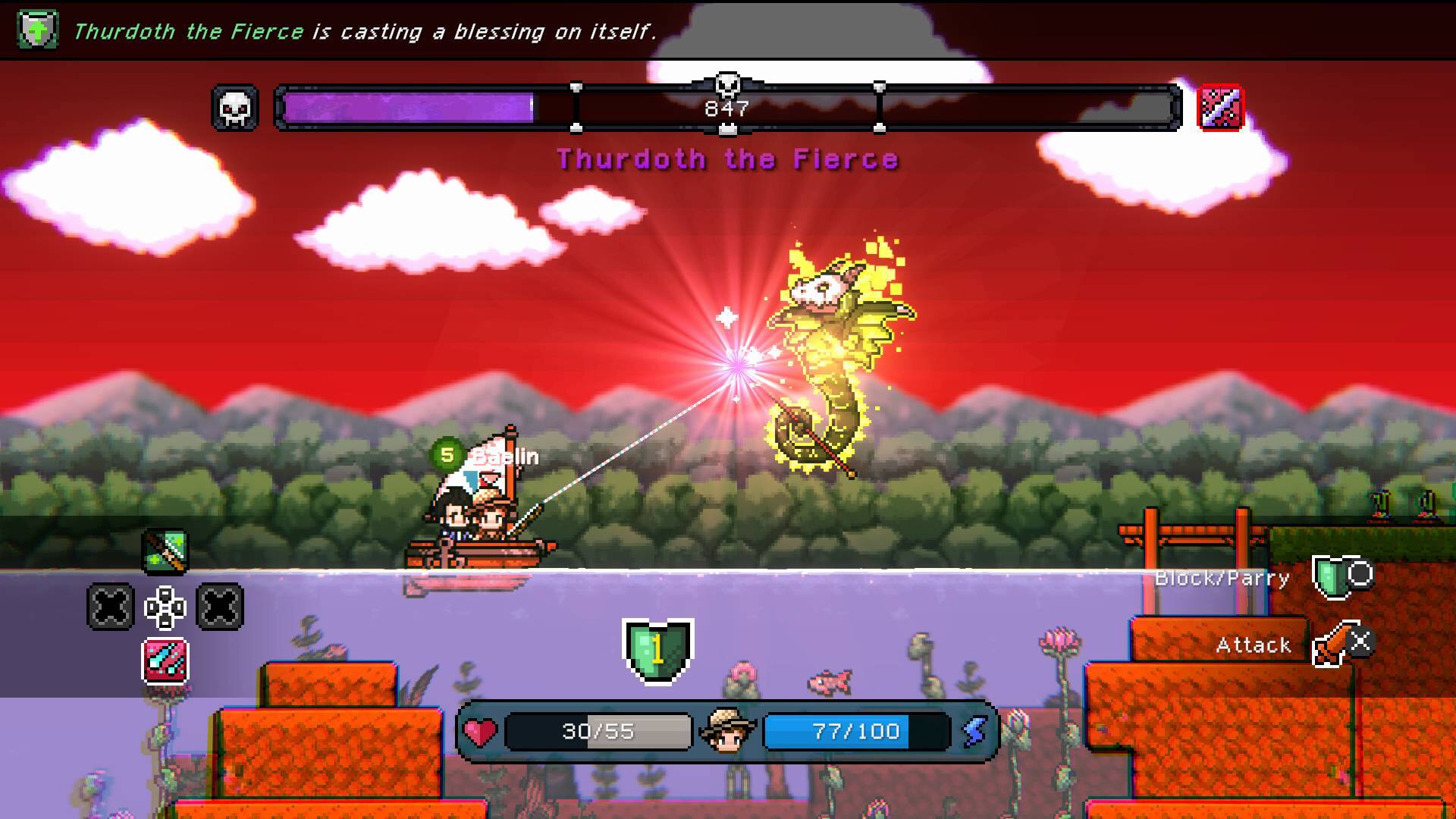 Thurdoth the Fierce is casting a blessing on itself. 847 Thurdoth the Fierce 5 Baelin x 1 Block/Parry Attack 30/55 77/100