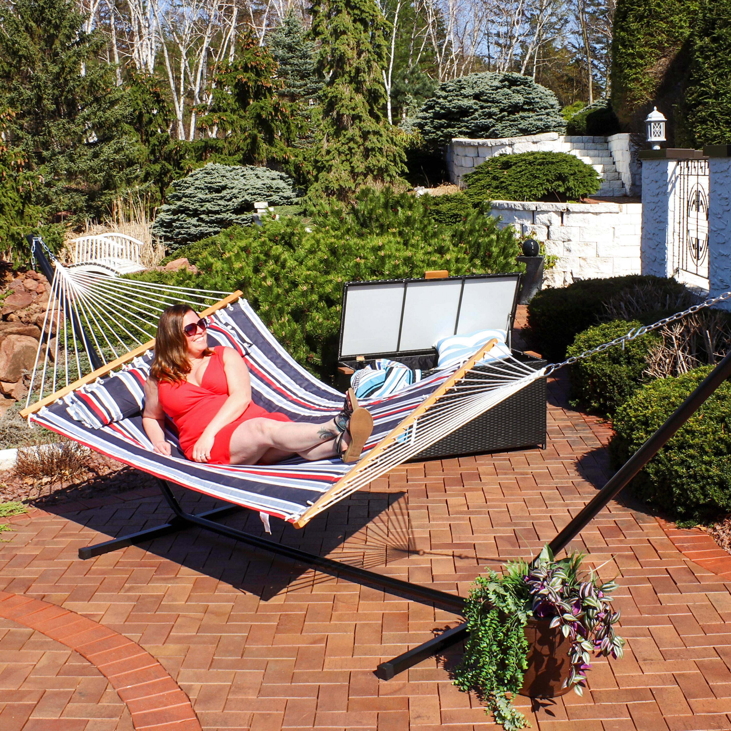 Alt View 8. Sunnydaze - Large Quilted Fabric Hammock with Spreader Bars - Nautical Stripe.